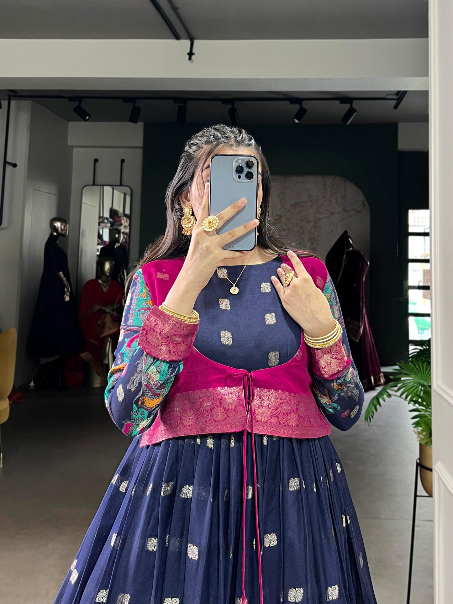 Lorenvalley Fashion Navy Blue Poly Cotton Kalamkari Print With Zari Weaving Work Border Gown with Koti | Swadesiicart