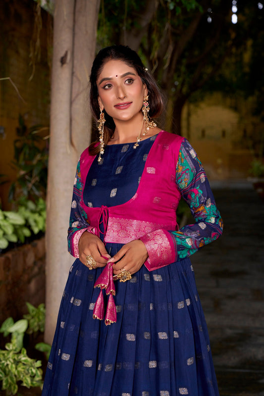 Lorenvalley Fashion Navyblue Poly Cotton Kalamkari Print With Zari Weaving Work Border Gown with Koti | Swadesiicart