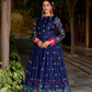 Lorenvalley Fashion Navyblue Poly Cotton Kalamkari Print With Zari Weaving Work Border Gown with Koti | Swadesiicart