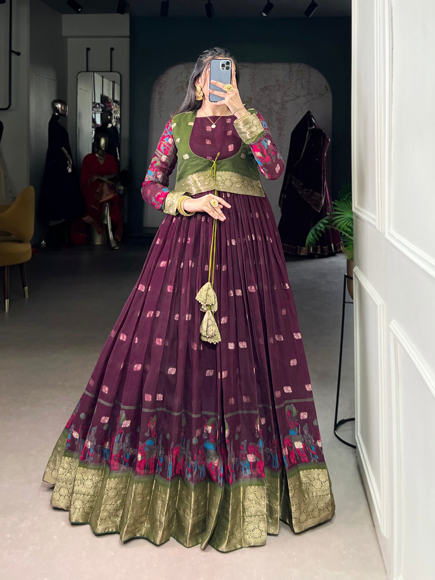 Lorenvalley Fashion Wine Poly Cotton Kalamkari Print With Zari Weaving Work Border Gown with Koti | Swadesiicart