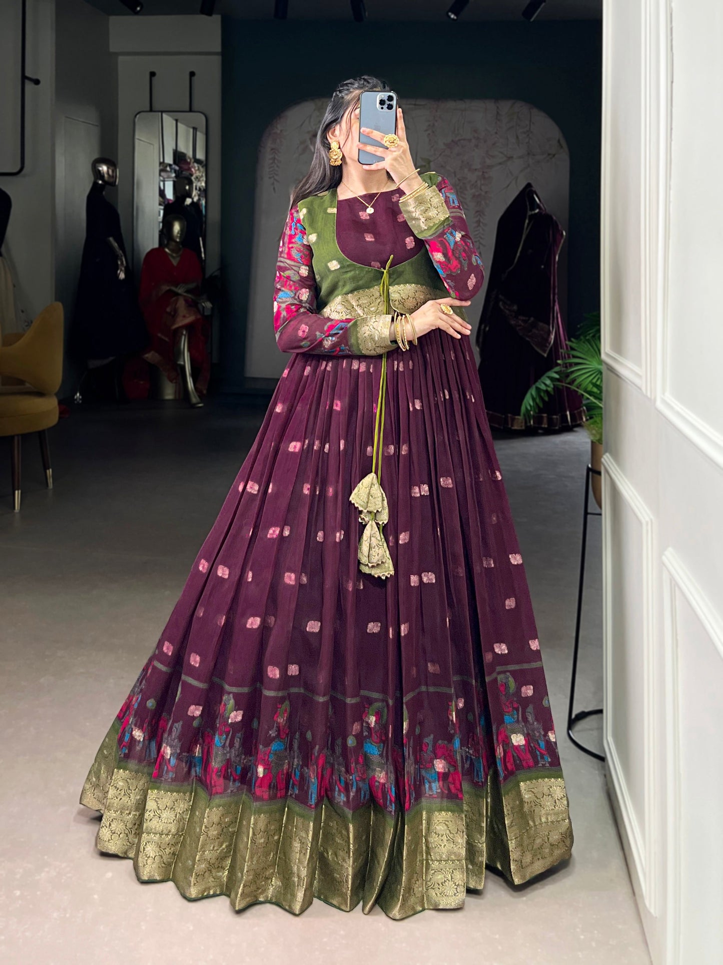 Lorenvalley Fashion Wine Poly Cotton Kalamkari Print With Zari Weaving Work Border Gown with Koti | Swadesiicart