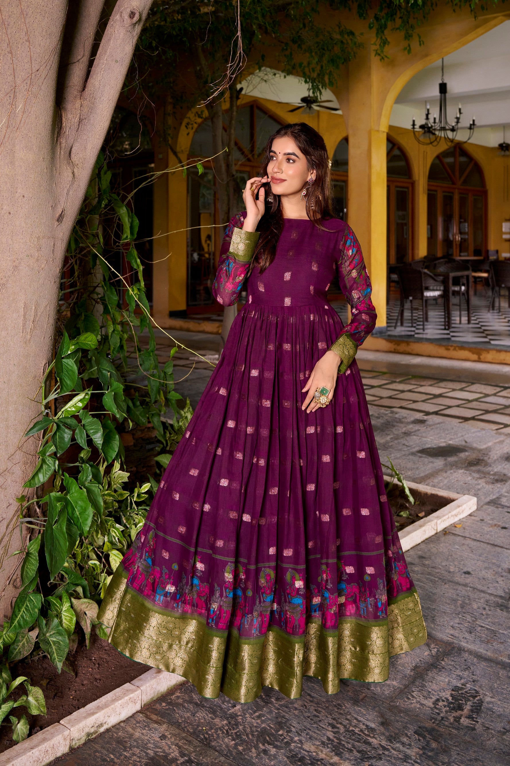 Lorenvalley Fashion Wine Poly Cotton Kalamkari Print With Zari Weaving Work Border Gown with Koti | Swadesiicart