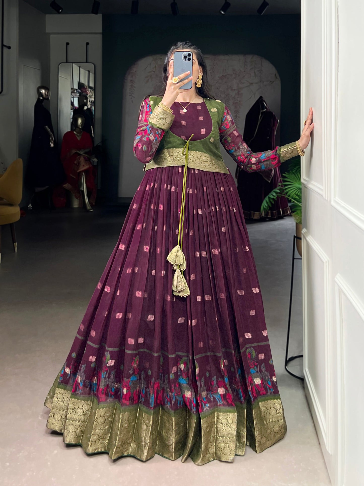 Lorenvalley Fashion Wine Poly Cotton Kalamkari Print With Zari Weaving Work Border Gown with Koti | Swadesiicart