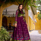 Lorenvalley Fashion Wine Poly Cotton Kalamkari Print With Zari Weaving Work Border Gown with Koti | Swadesiicart