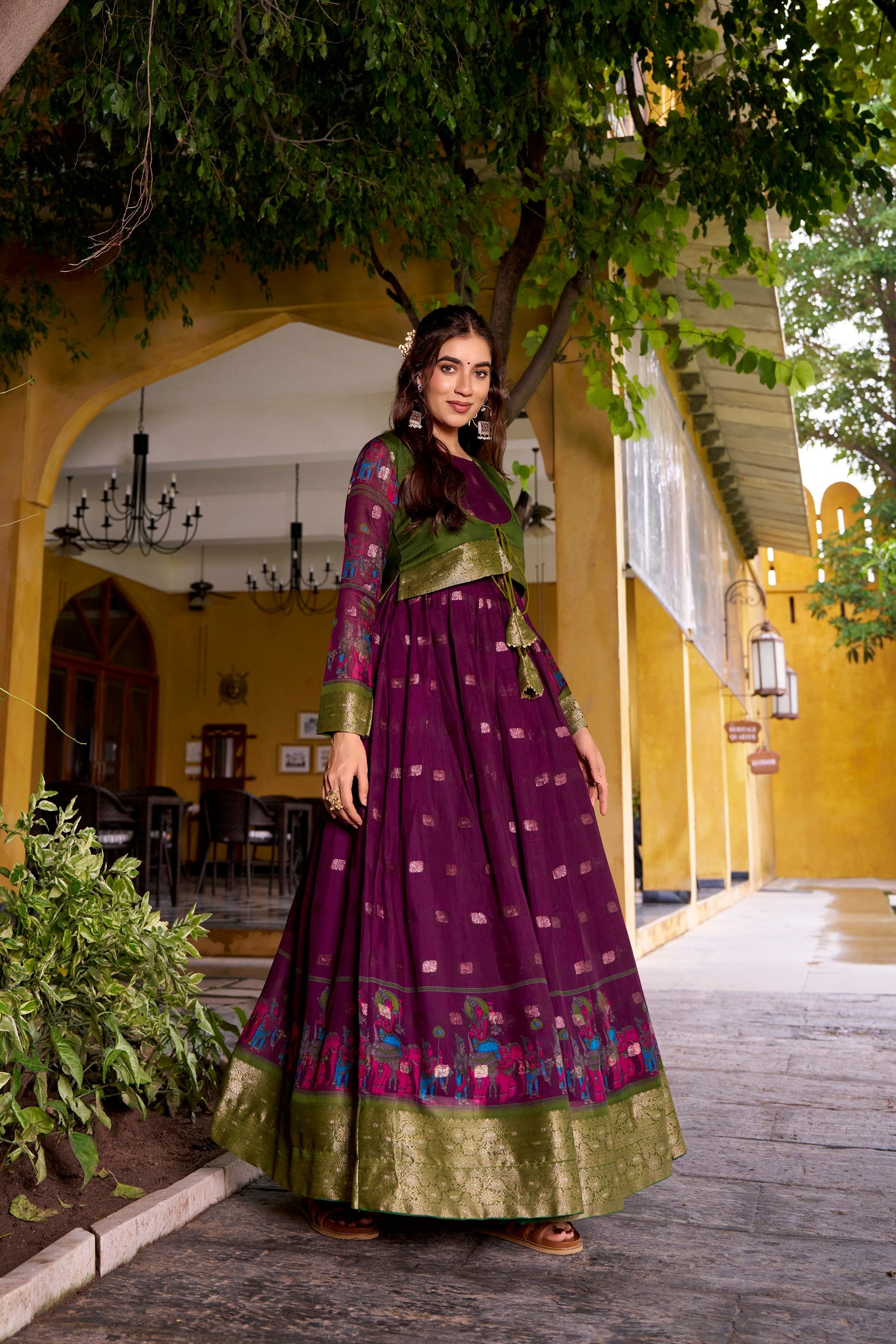 Lorenvalley Fashion Wine Poly Cotton Kalamkari Print With Zari Weaving Work Border Gown with Koti | Swadesiicart