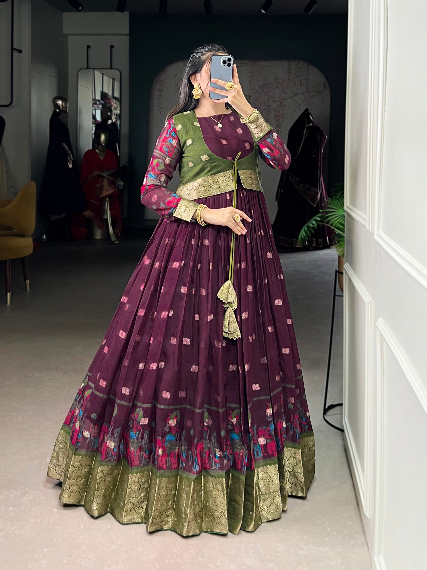 Lorenvalley Fashion Wine Poly Cotton Kalamkari Print With Zari Weaving Work Border Gown with Koti | Swadesiicart
