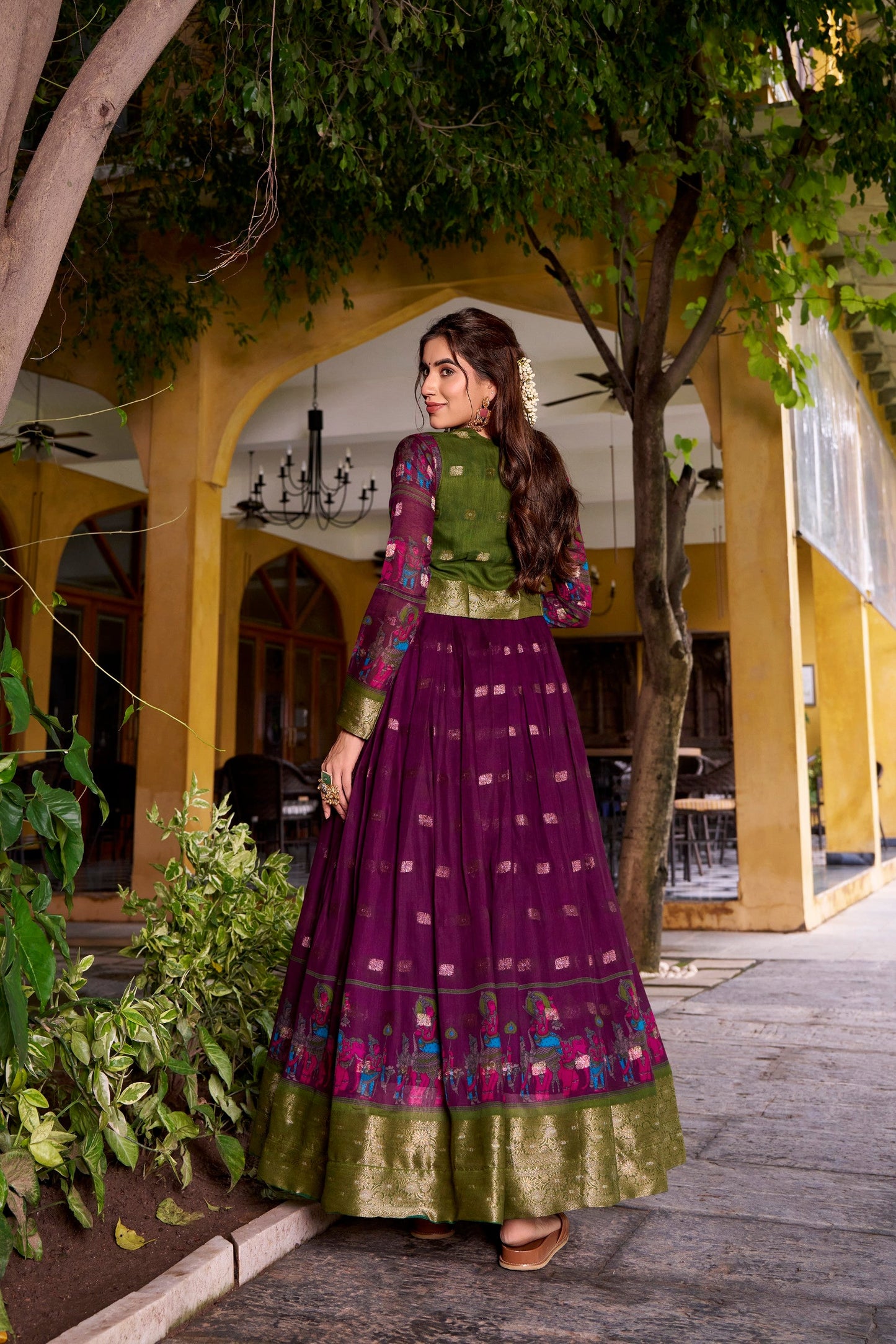 Lorenvalley Fashion Wine Poly Cotton Kalamkari Print With Zari Weaving Work Border Gown with Koti | Swadesiicart