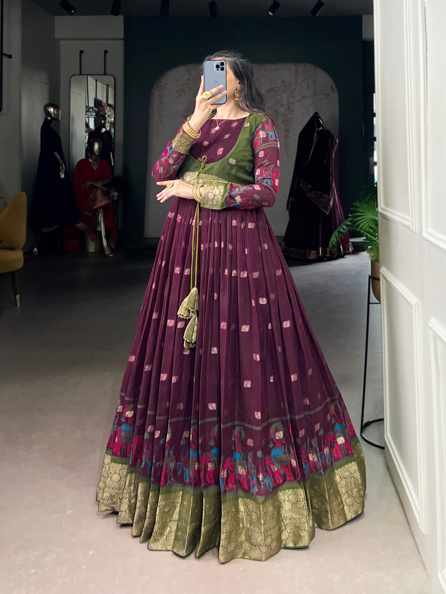 Lorenvalley Fashion Wine Poly Cotton Kalamkari Print With Zari Weaving Work Border Gown with Koti | Swadesiicart