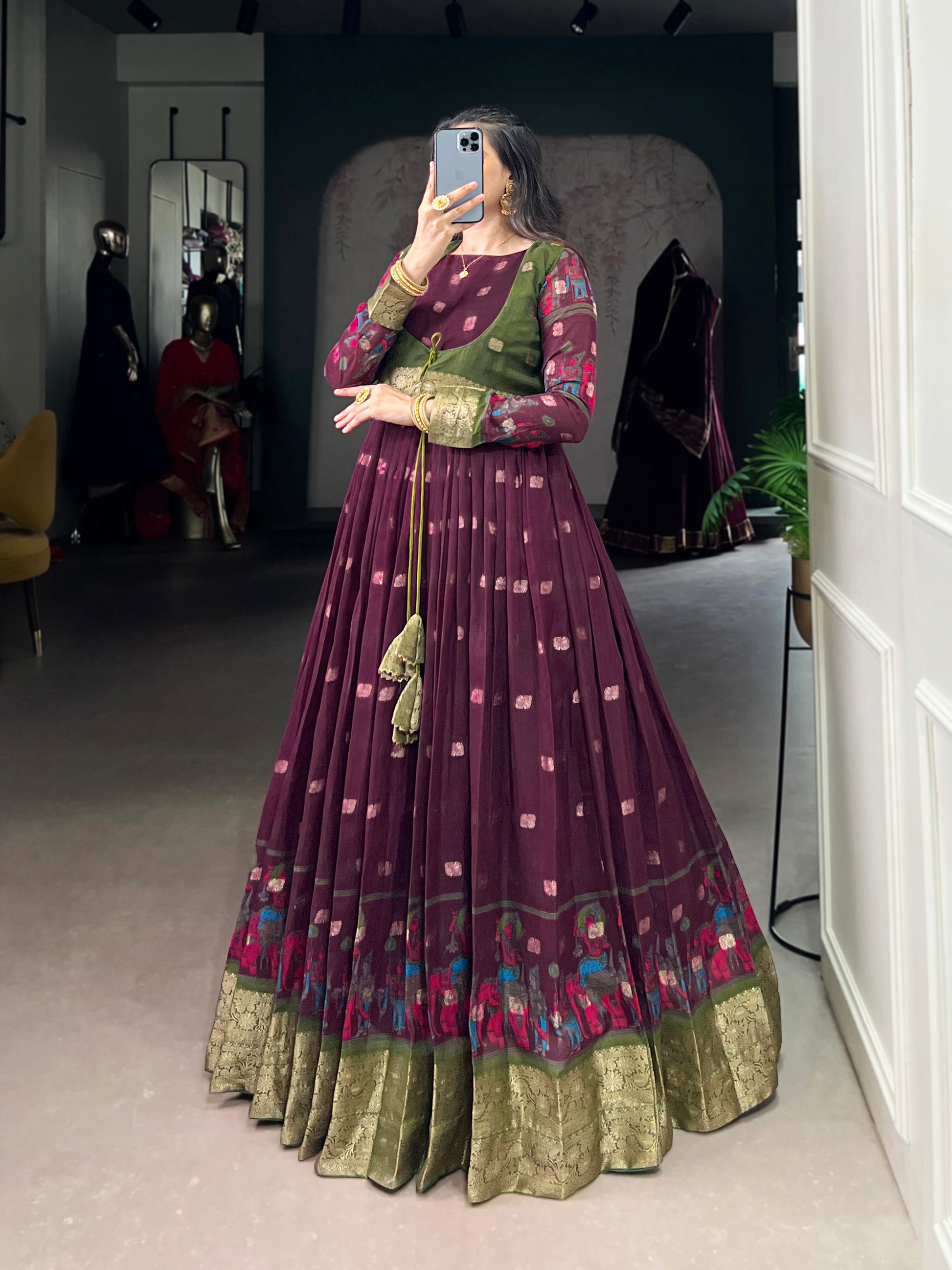 Lorenvalley Fashion Wine Poly Cotton Kalamkari Print With Zari Weaving Work Border Gown with Koti | Swadesiicart