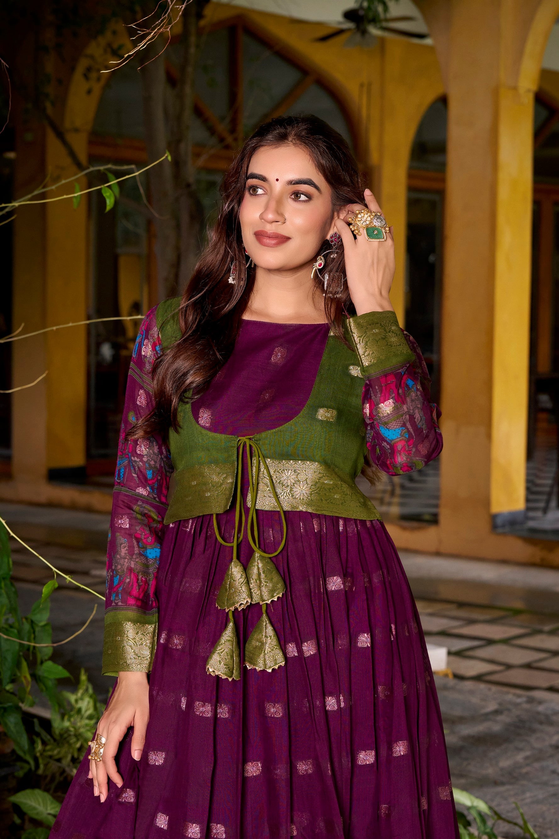 Lorenvalley Fashion Wine Poly Cotton Kalamkari Print With Zari Weaving Work Border Gown with Koti | Swadesiicart