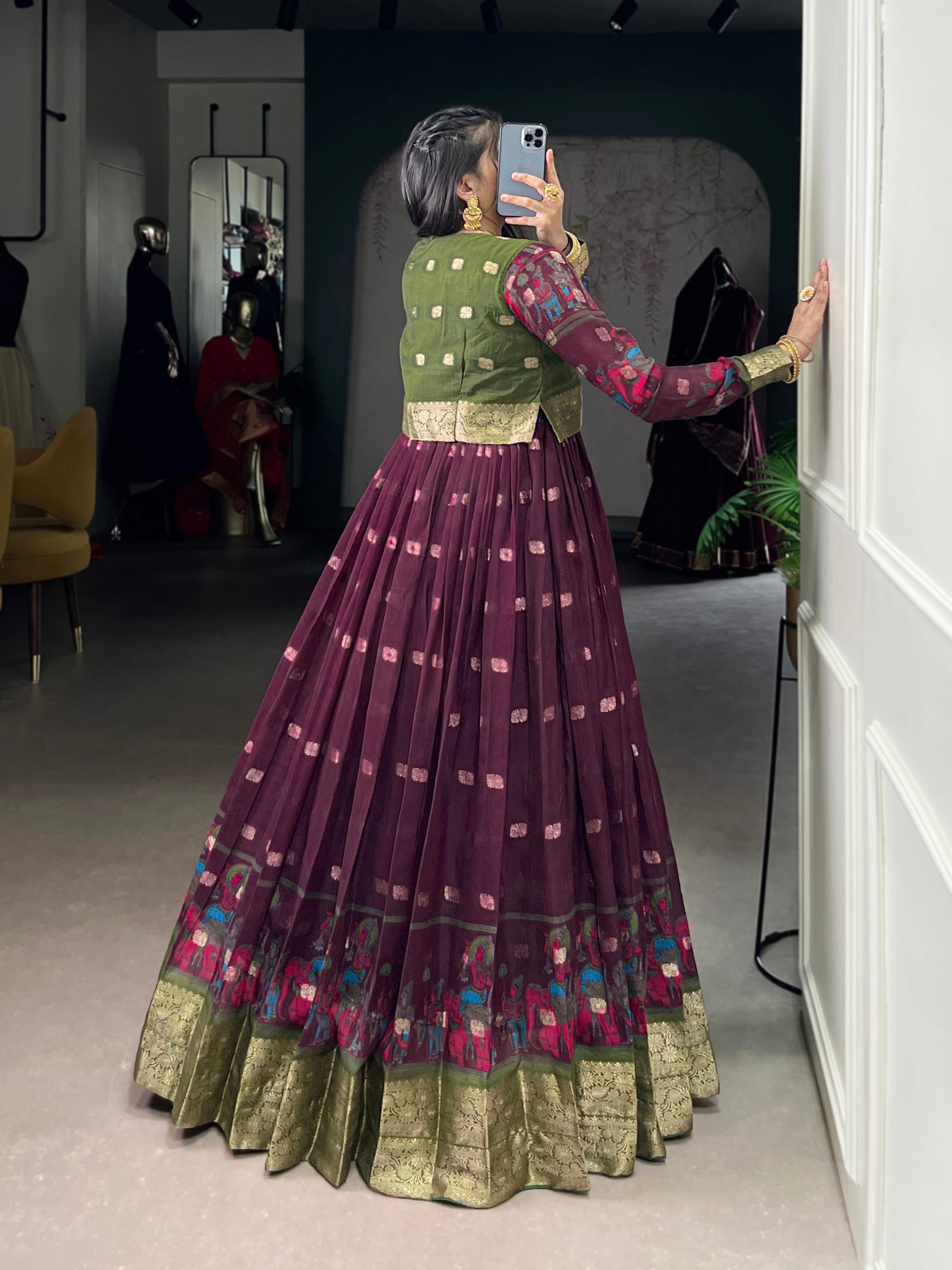 Lorenvalley Fashion Wine Poly Cotton Kalamkari Print With Zari Weaving Work Border Gown with Koti | Swadesiicart