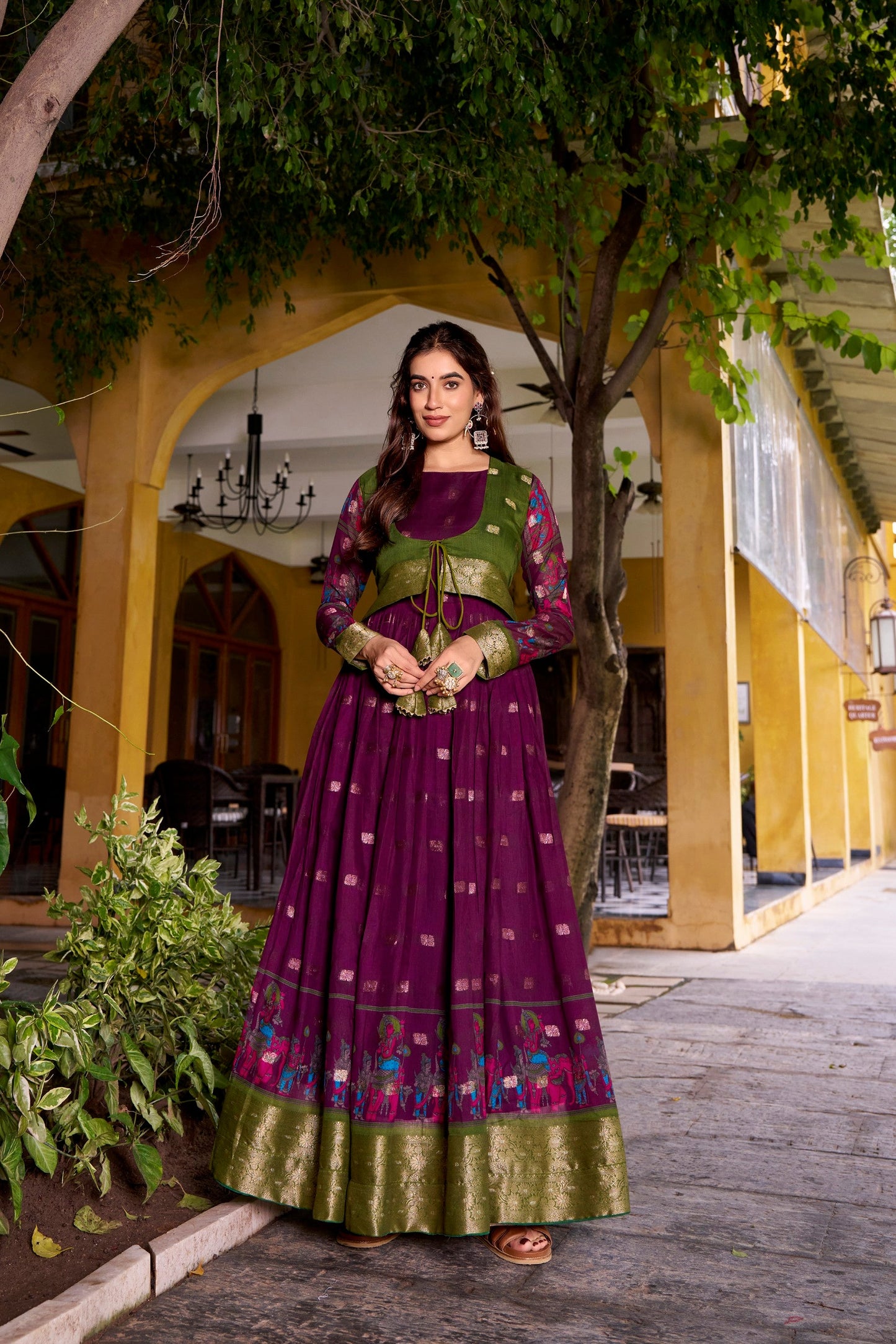 Lorenvalley Fashion Wine Poly Cotton Kalamkari Print With Zari Weaving Work Border Gown with Koti | Swadesiicart