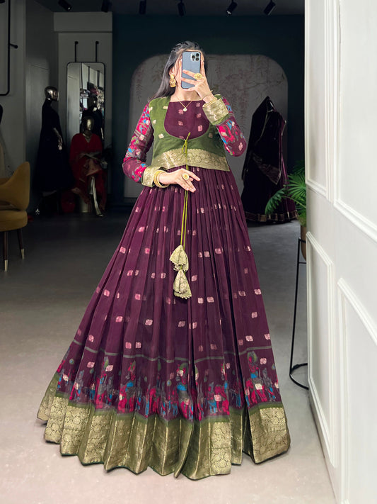 Lorenvalley Fashion Wine Poly Cotton Kalamkari Print With Zari Weaving Work Border Gown with Koti | Swadesiicart