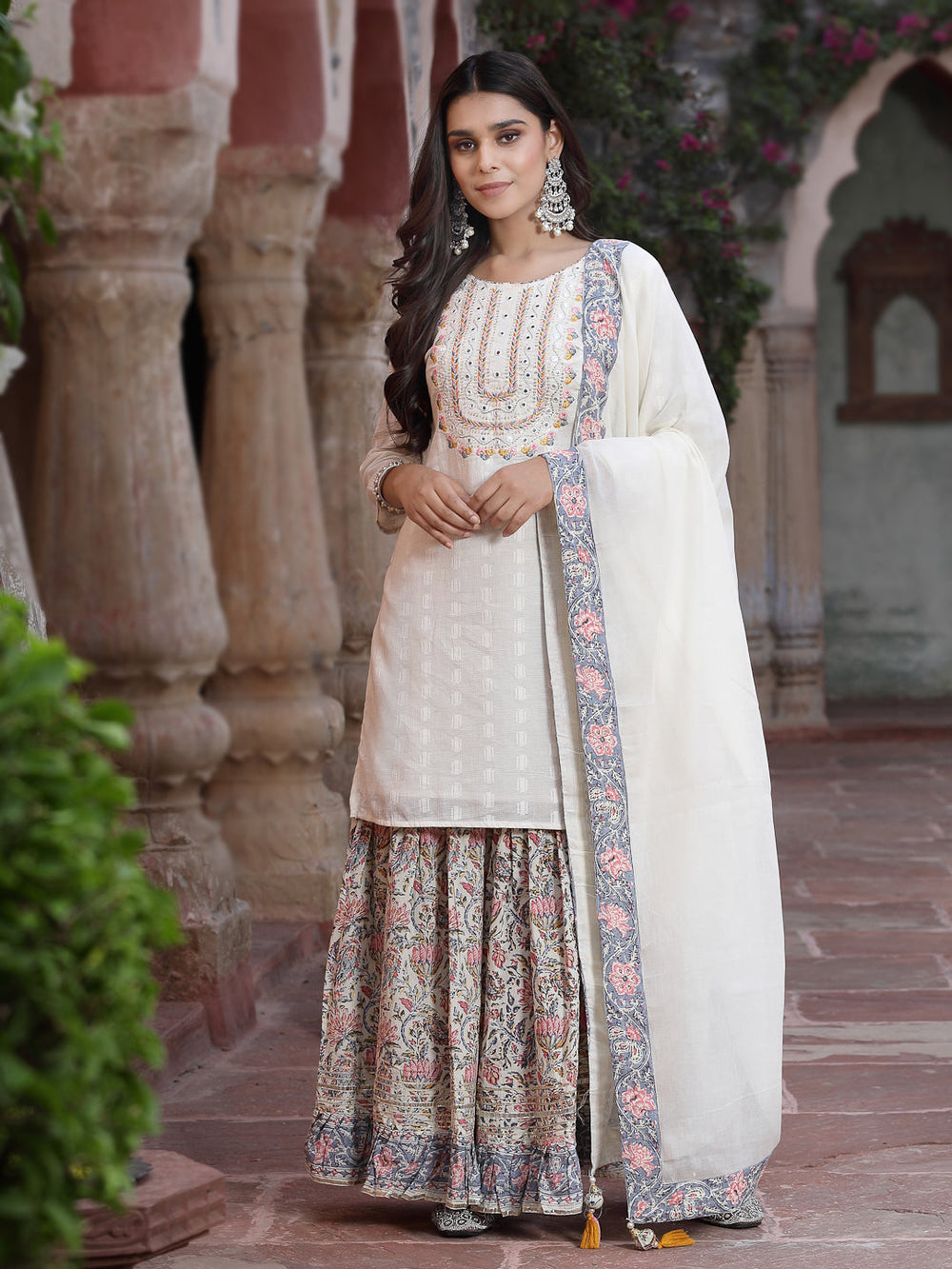 Juniper Women`s White Cotton Embroidered Straight Kurta Sharara Dupatta Set | Swadesiicart
