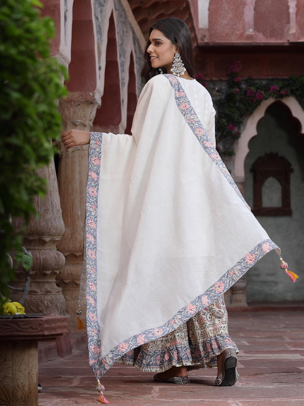 Juniper Women`s White Cotton Embroidered Straight Kurta Sharara Dupatta Set | Swadesiicart
