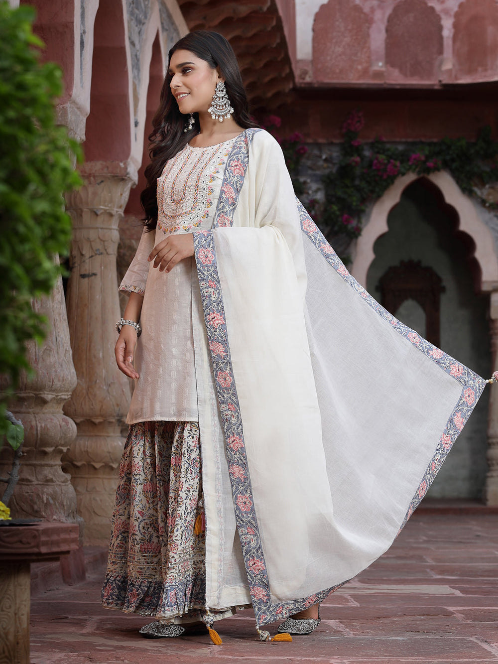 Juniper Women`s White Cotton Embroidered Straight Kurta Sharara Dupatta Set | Swadesiicart