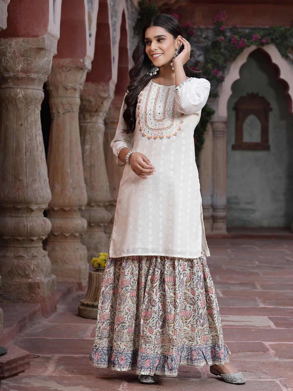 Juniper Women`s White Cotton Embroidered Straight Kurta Sharara Dupatta Set | Swadesiicart
