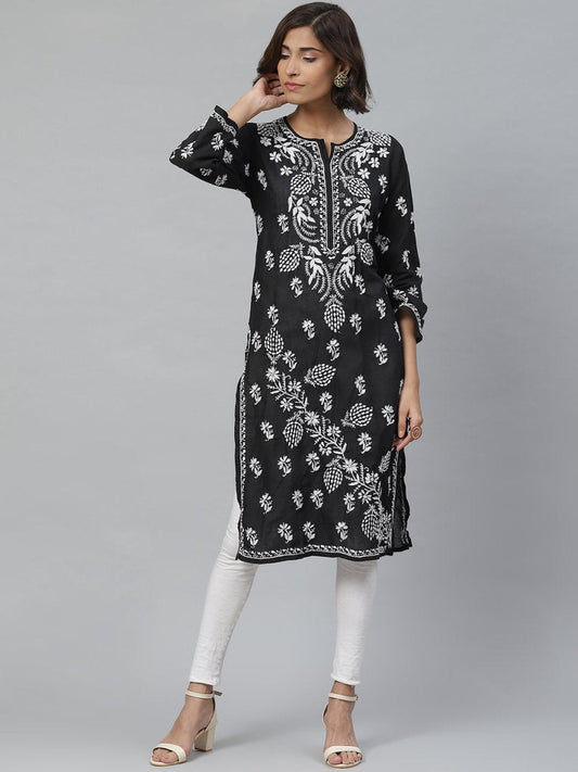 ADA Women Black & White Chikankari Embroidered Straight Sustainable Handloom Kurta | Swadesiicart