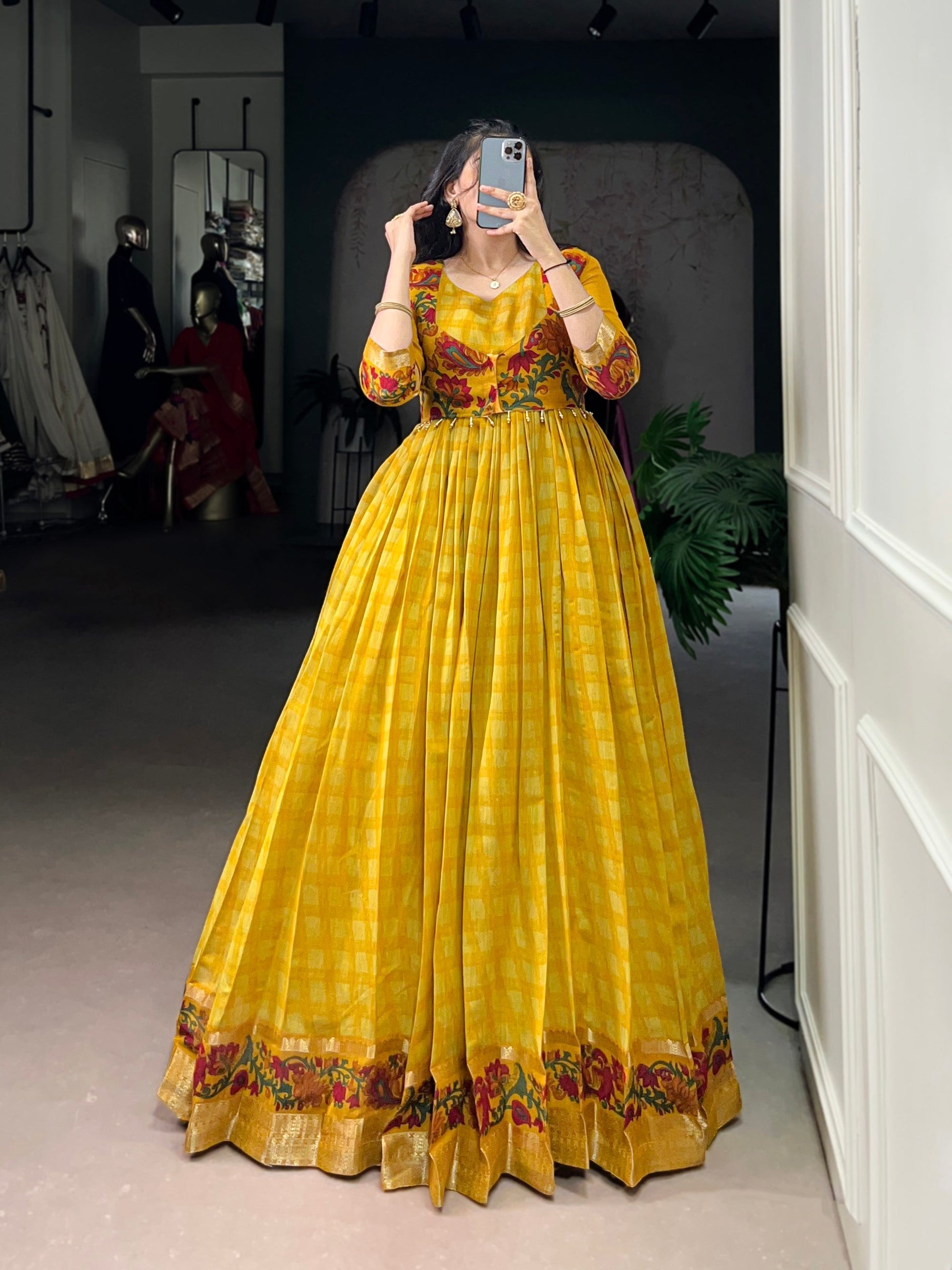 Lorenvalley Fashion Mustard Viscose Chanderi Printed With Zari Weaving Work Gown with Koti - Swadesiicart