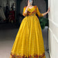 Lorenvalley Fashion Mustard Viscose Chanderi Printed With Zari Weaving Work Gown with Koti - Swadesiicart