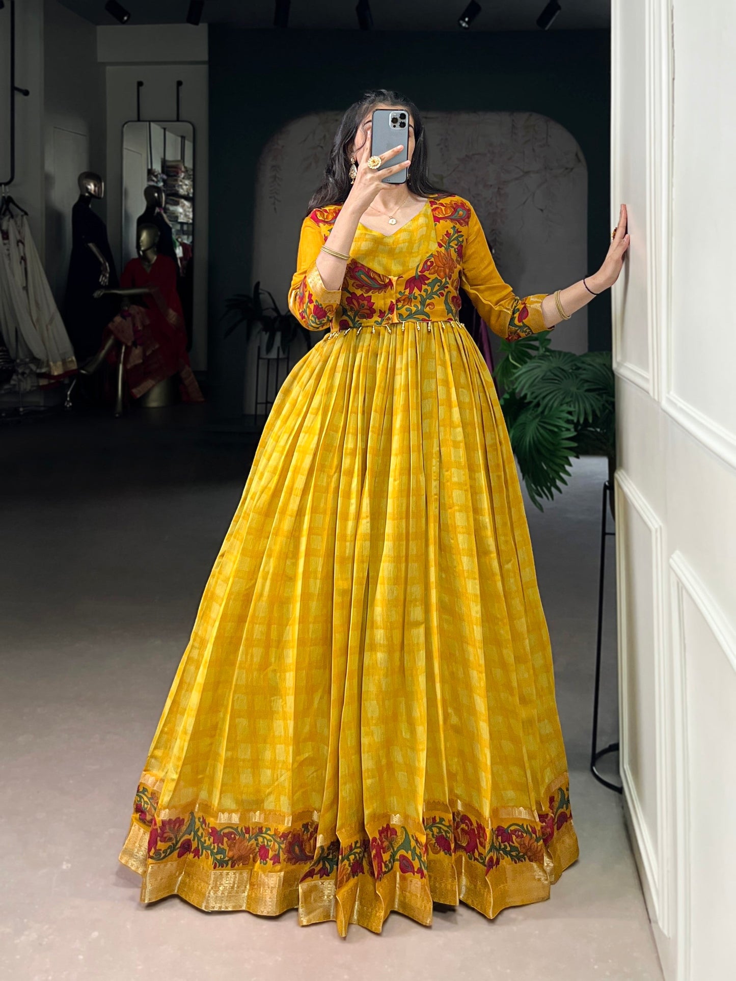 Lorenvalley Fashion Mustard Viscose Chanderi Printed With Zari Weaving Work Gown with Koti - Swadesiicart