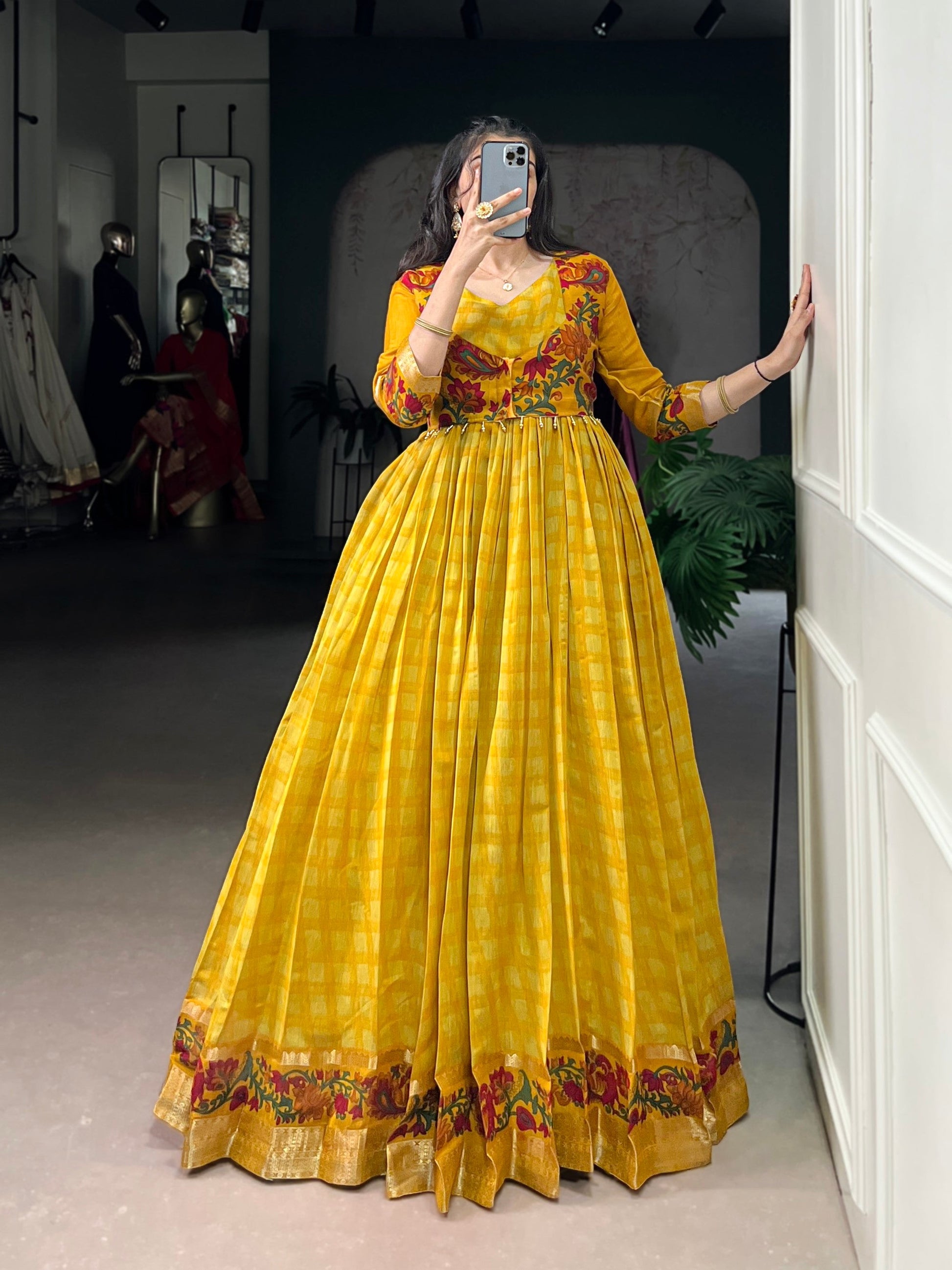 Lorenvalley Fashion Mustard Viscose Chanderi Printed With Zari Weaving Work Gown with Koti - Swadesiicart