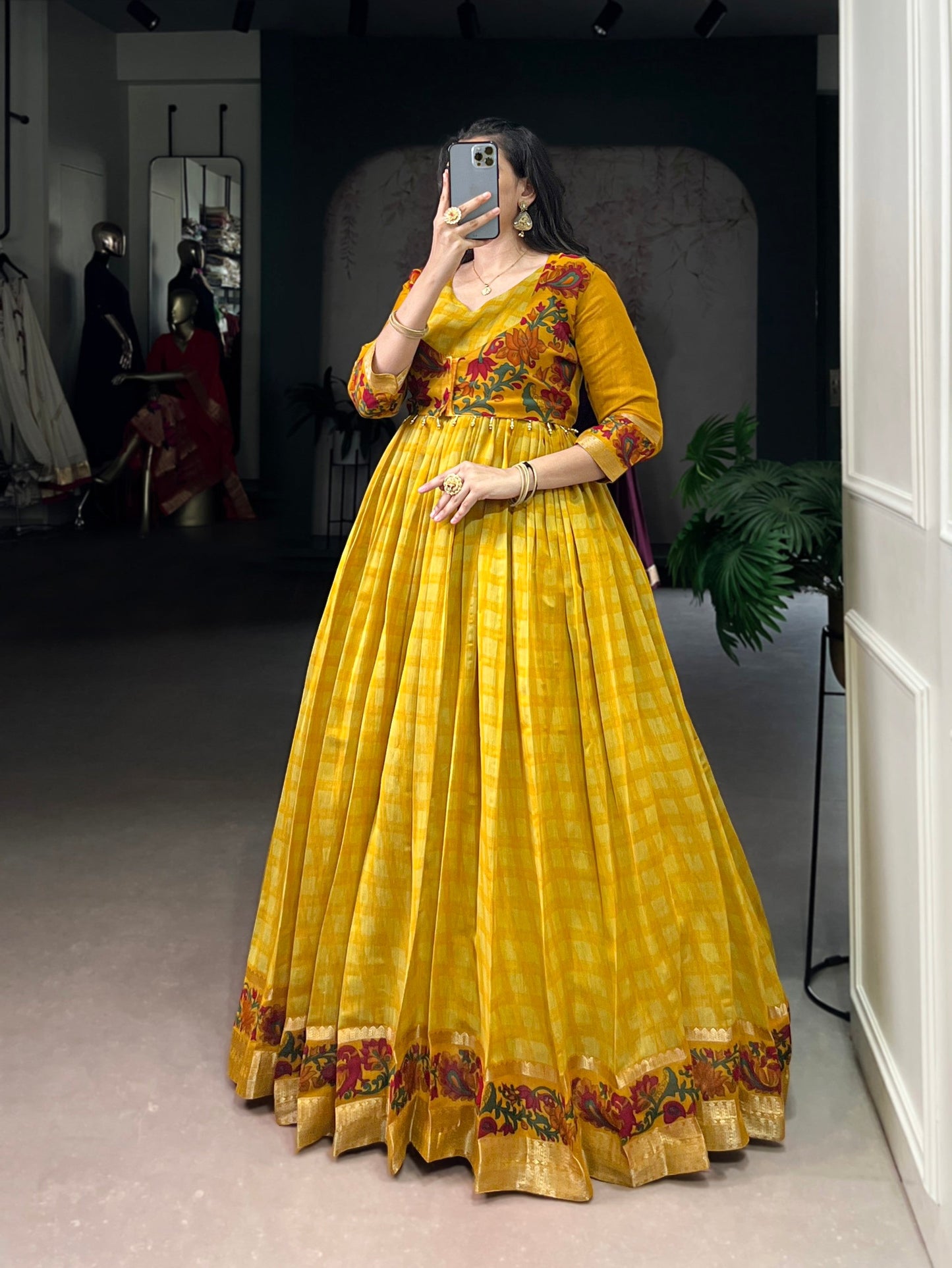 Lorenvalley Fashion Mustard Viscose Chanderi Printed With Zari Weaving Work Gown with Koti - Swadesiicart