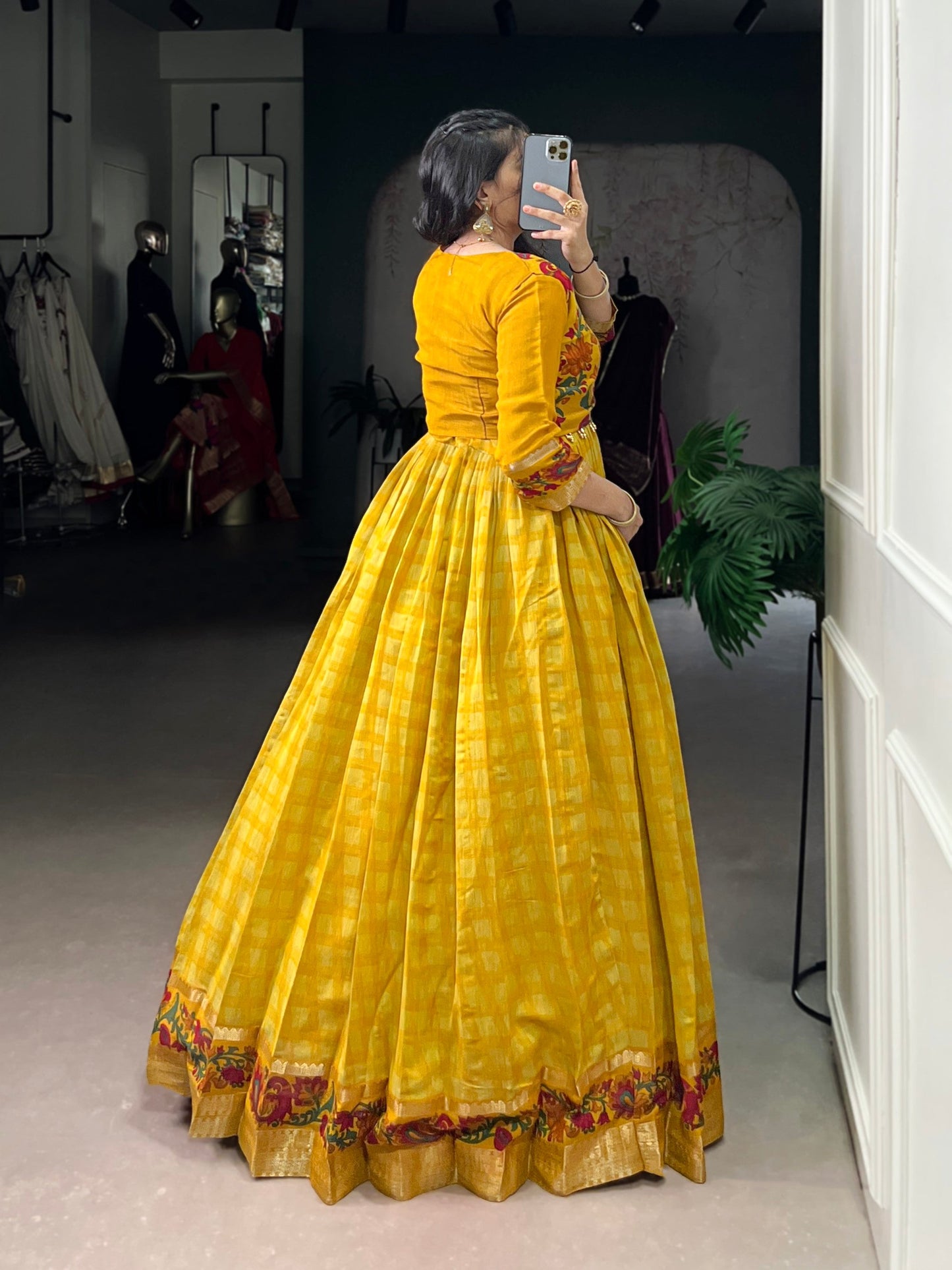 Lorenvalley Fashion Mustard Viscose Chanderi Printed With Zari Weaving Work Gown with Koti - Swadesiicart