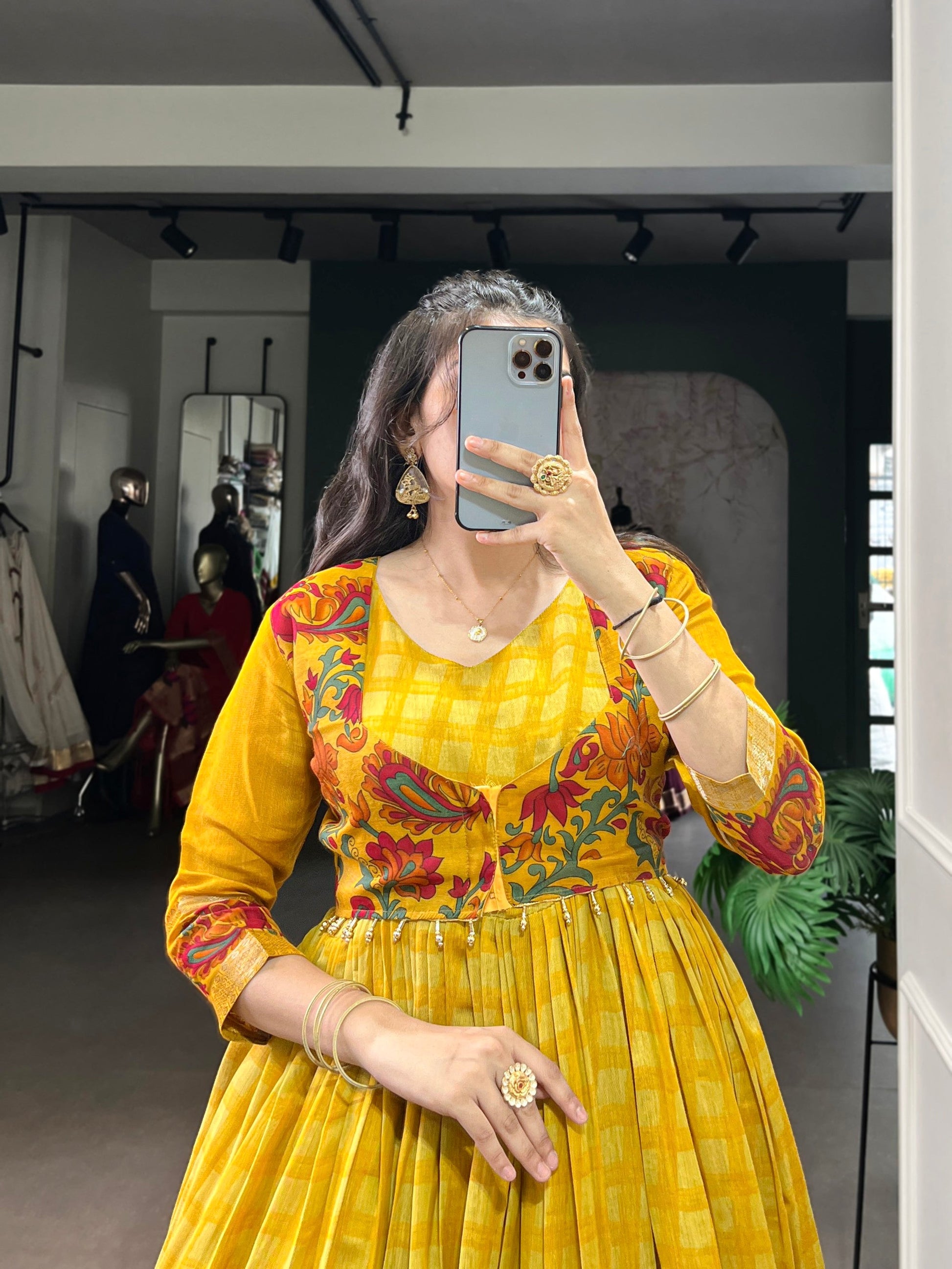 Lorenvalley Fashion Mustard Viscose Chanderi Printed With Zari Weaving Work Gown with Koti - Swadesiicart