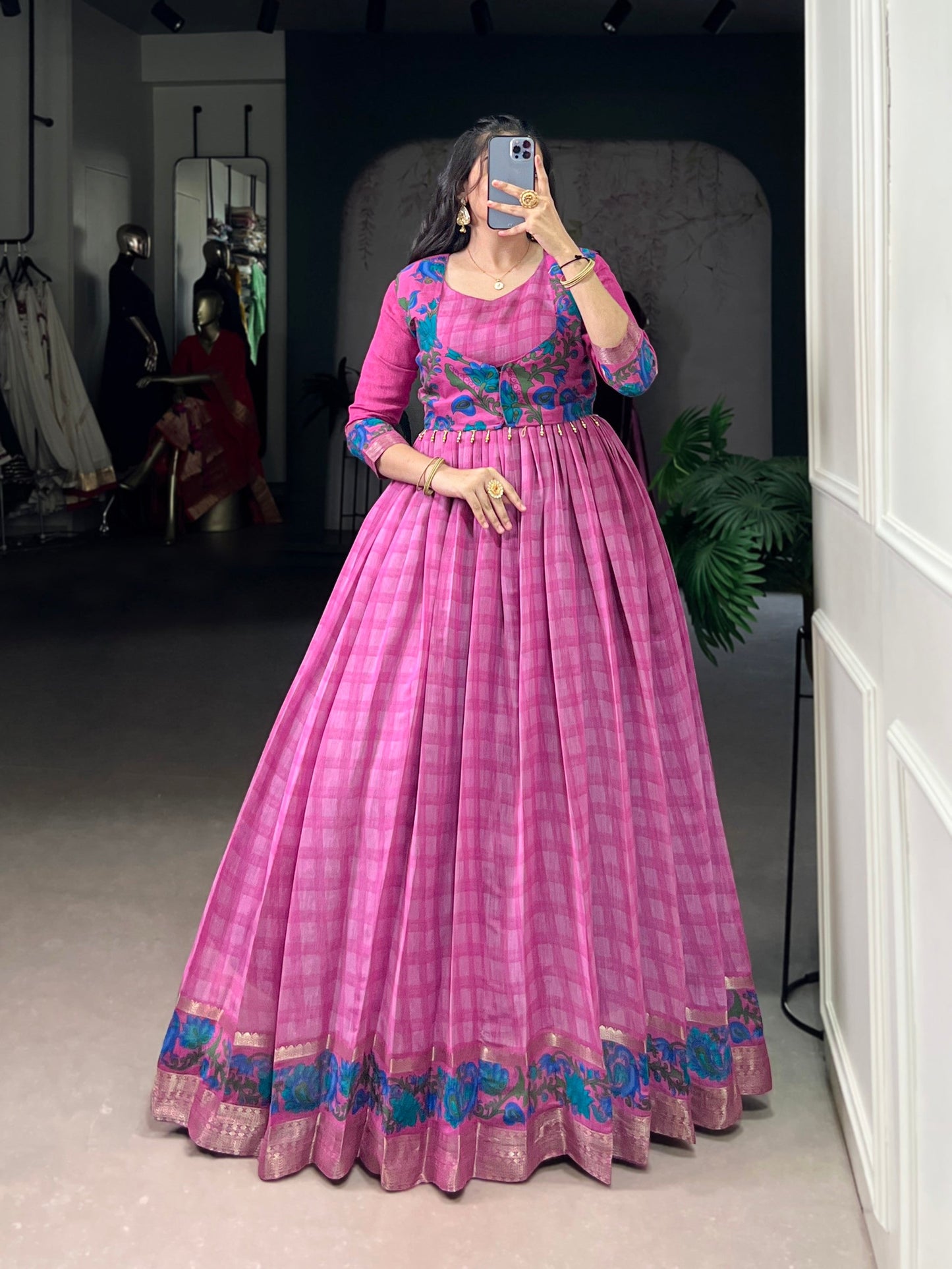 Lorenvalley Fashion Pink Viscose Chanderi Printed With Zari Weaving Work Gown with Koti - Swadesiicart