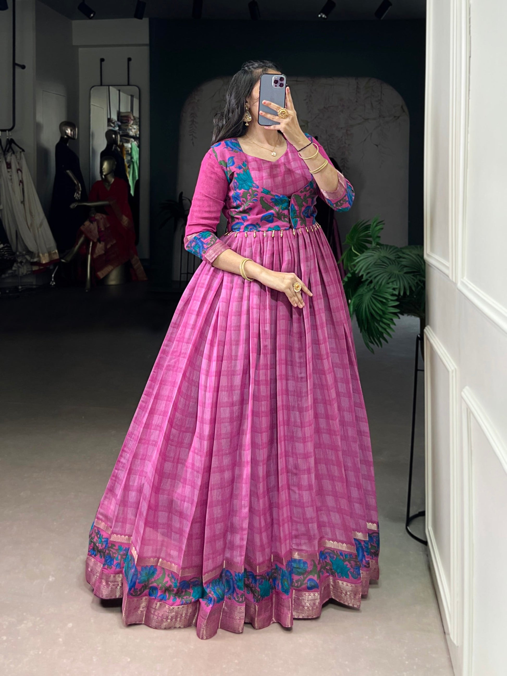 Lorenvalley Fashion Pink Viscose Chanderi Printed With Zari Weaving Work Gown with Koti - Swadesiicart