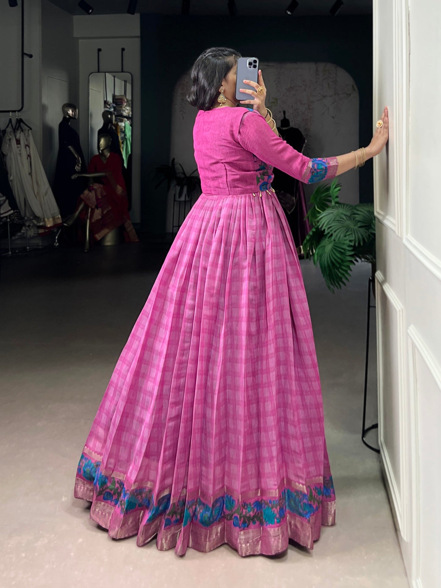 Lorenvalley Fashion Pink Viscose Chanderi Printed With Zari Weaving Work Gown with Koti - Swadesiicart