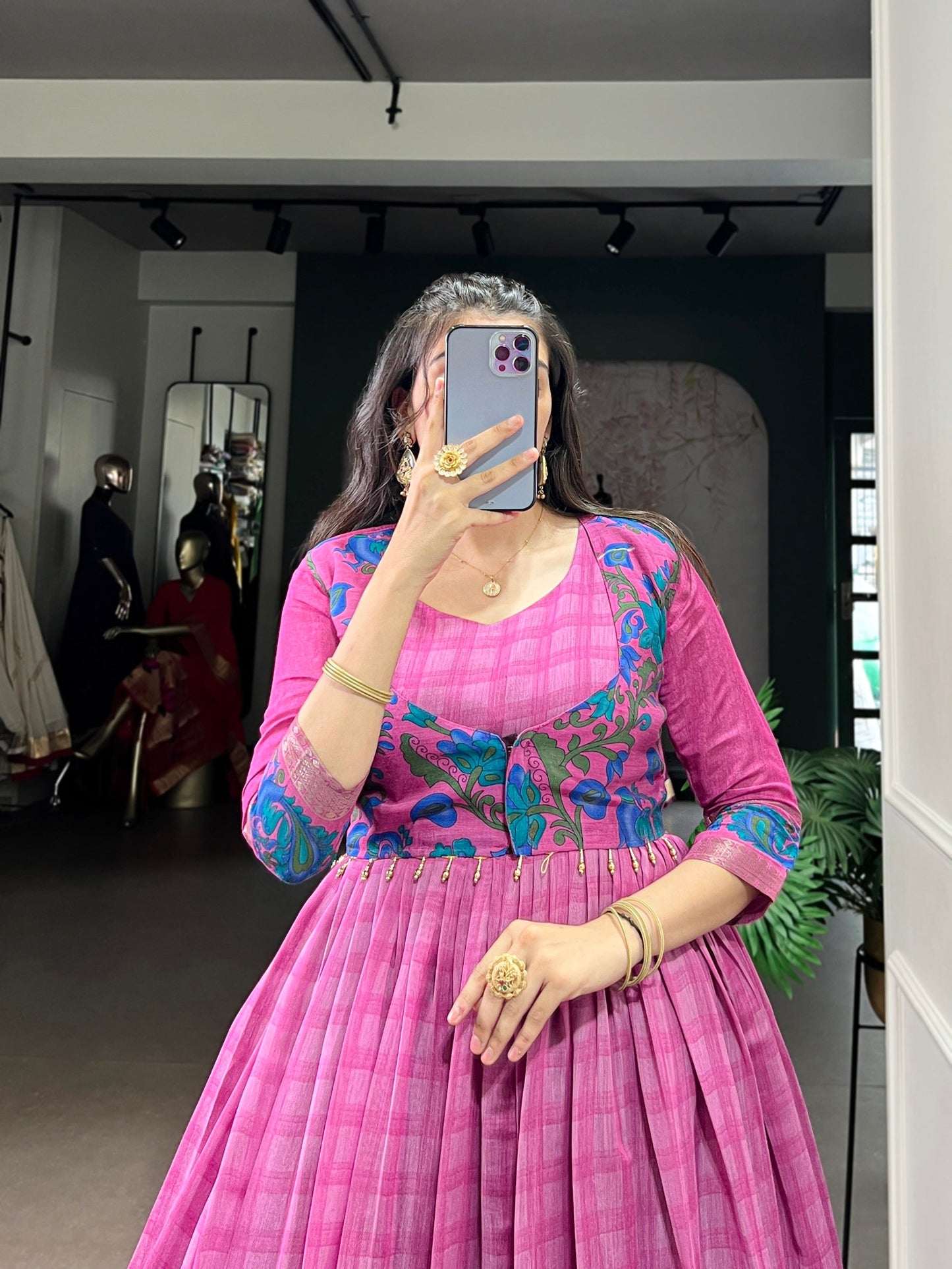 Lorenvalley Fashion Pink Viscose Chanderi Printed With Zari Weaving Work Gown with Koti - Swadesiicart
