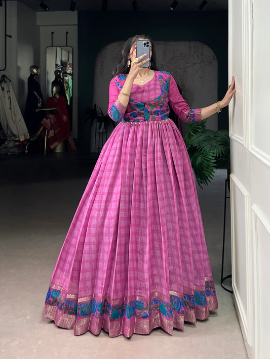 Lorenvalley Fashion Pink Viscose Chanderi Printed With Zari Weaving Work Gown with Koti - Swadesiicart