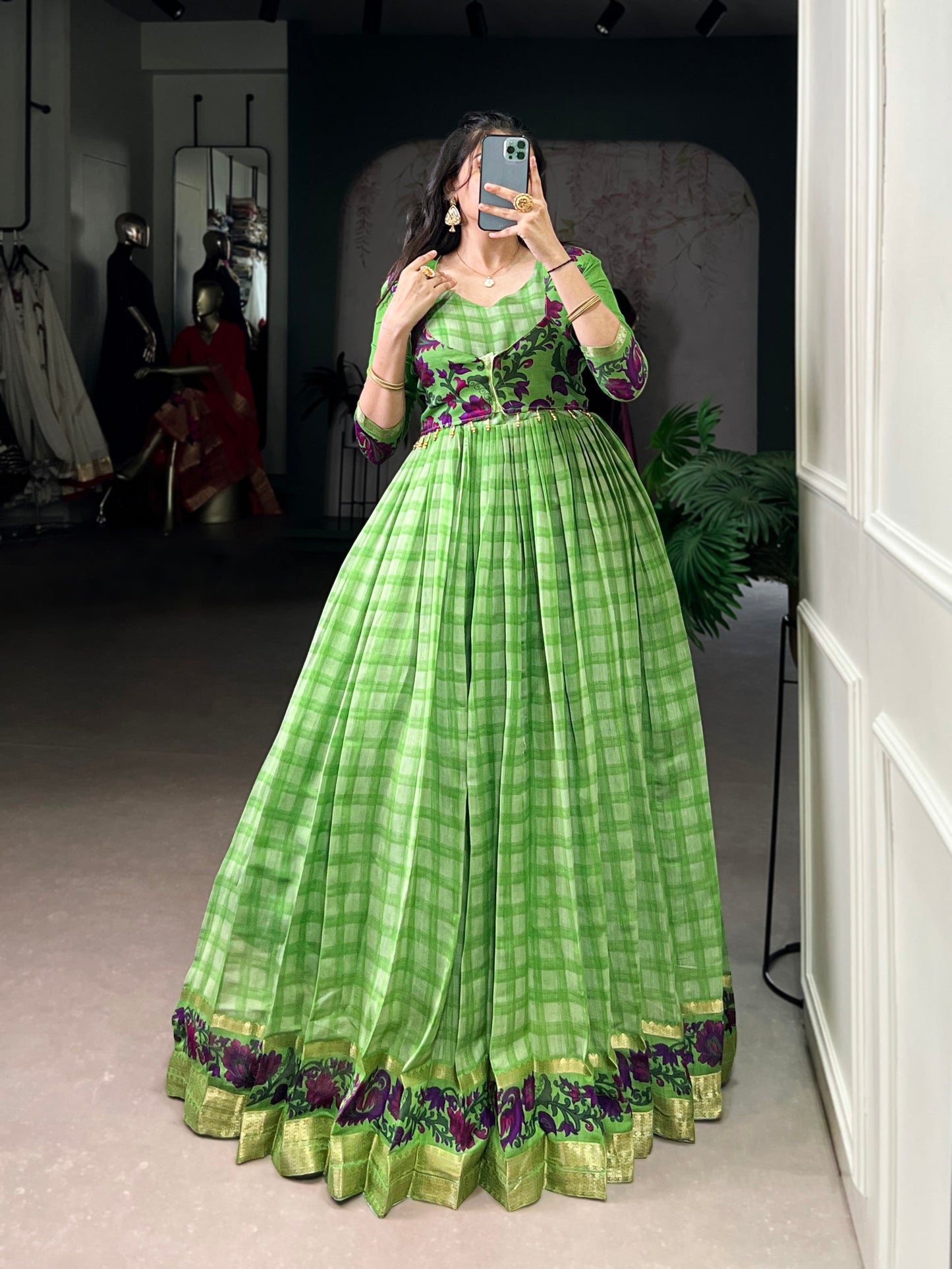 Lorenvalley Fashion Parotgreen Viscose Chanderi Printed With Zari Weaving Work Gown with Koti - Swadesiicart
