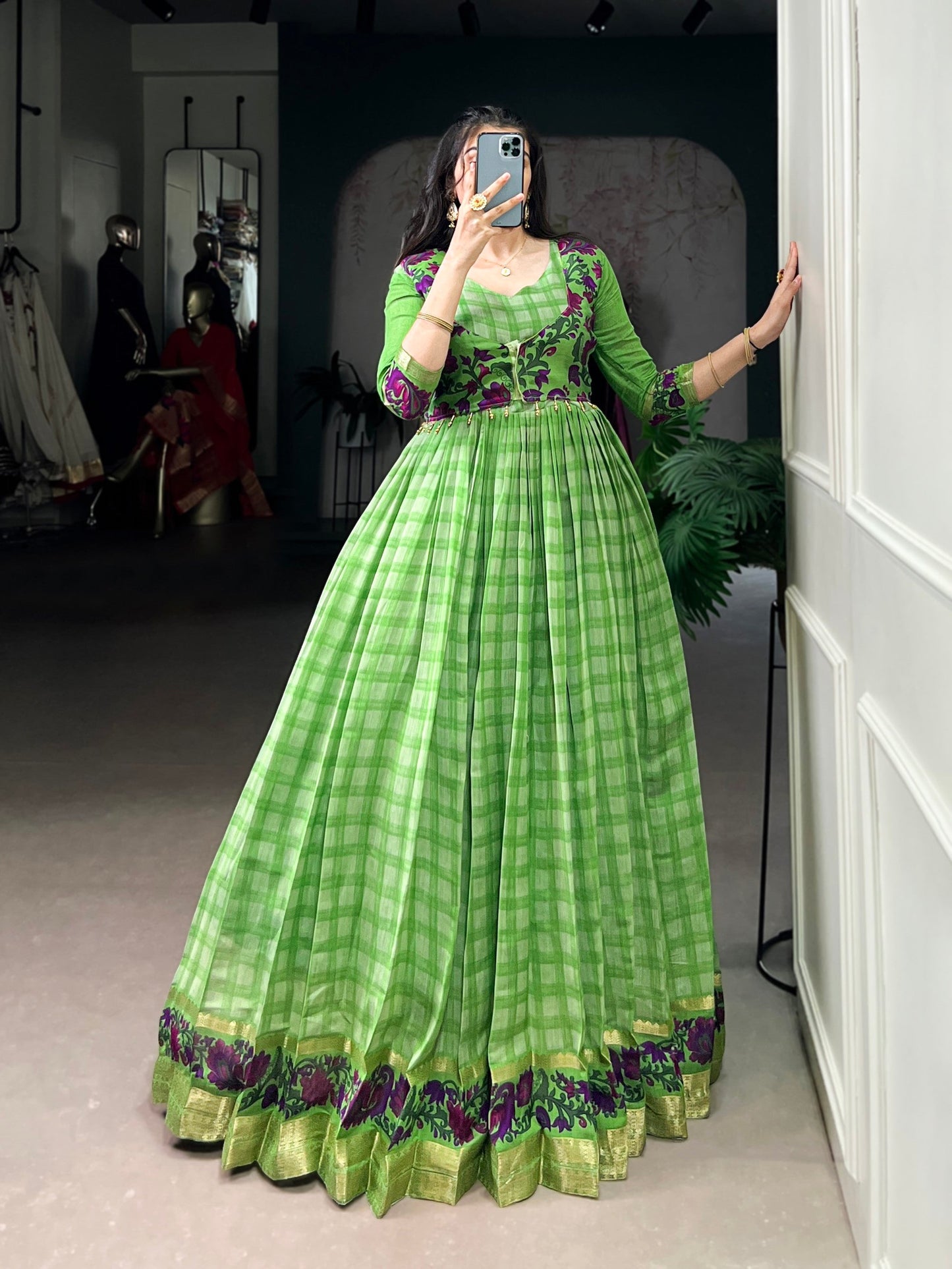 Lorenvalley Fashion Parotgreen Viscose Chanderi Printed With Zari Weaving Work Gown with Koti - Swadesiicart