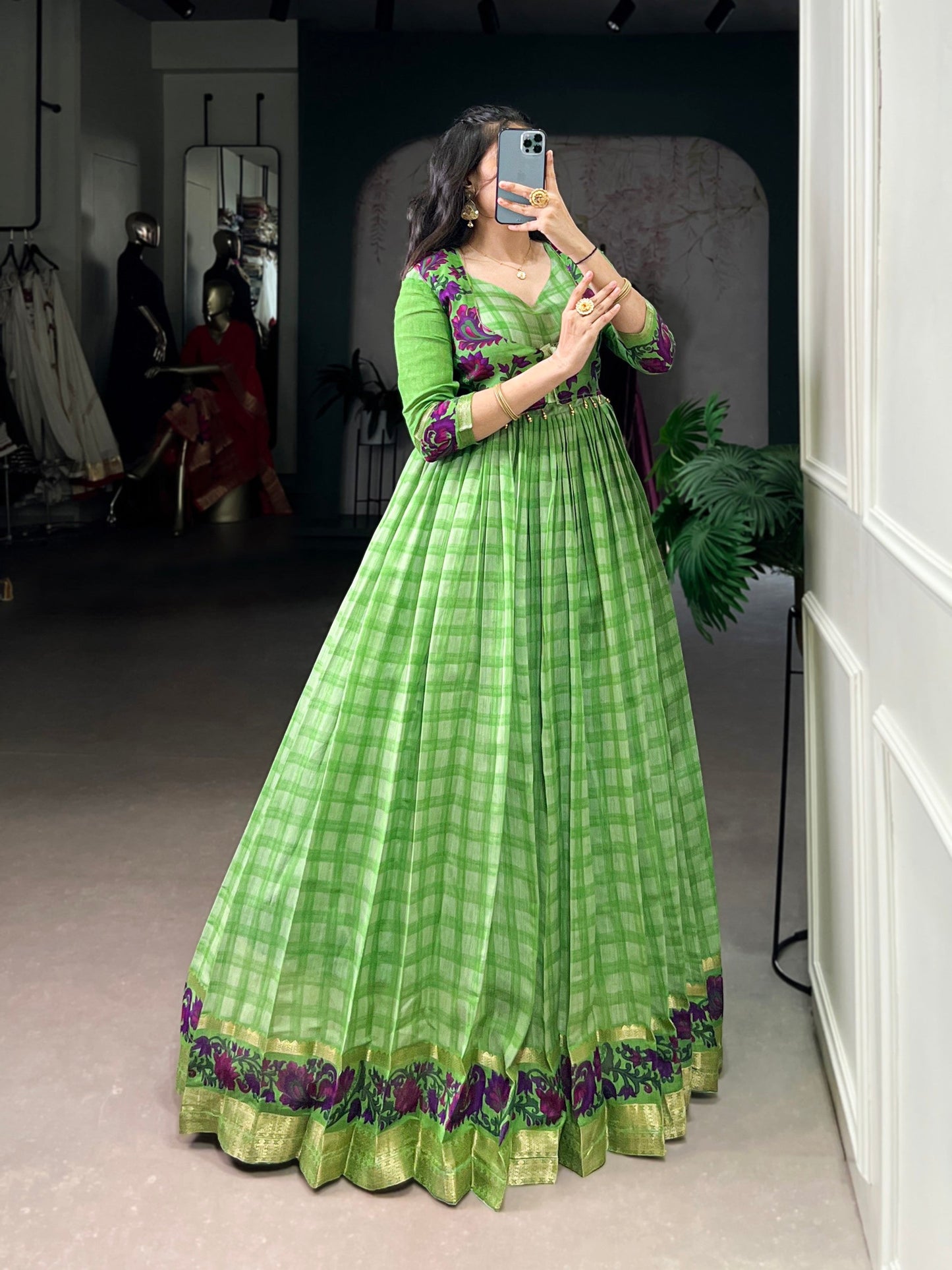 Lorenvalley Fashion Parotgreen Viscose Chanderi Printed With Zari Weaving Work Gown with Koti - Swadesiicart