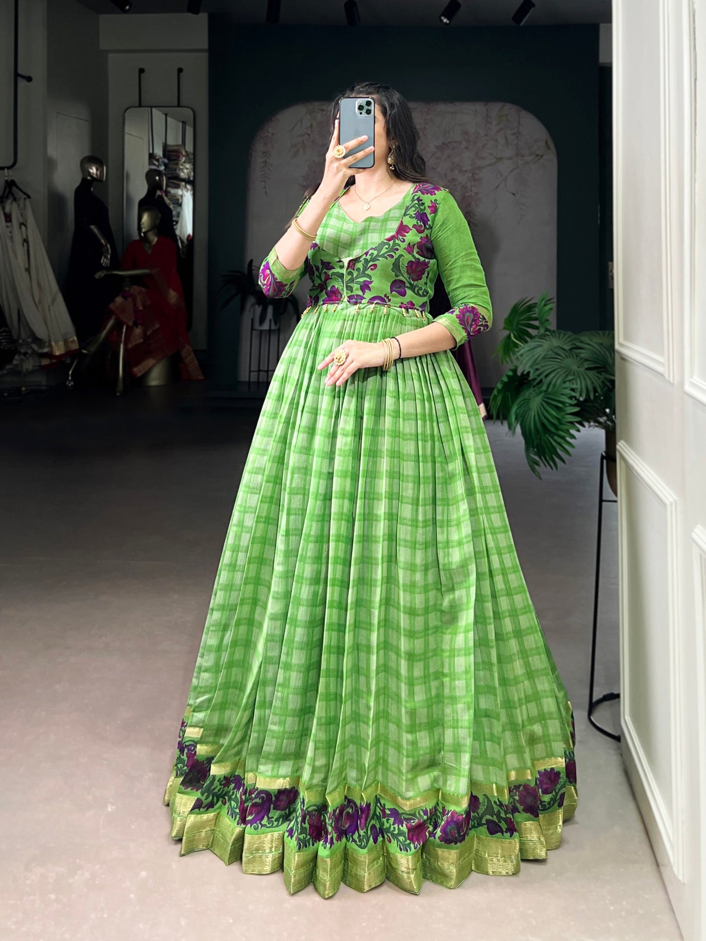 Lorenvalley Fashion Parotgreen Viscose Chanderi Printed With Zari Weaving Work Gown with Koti - Swadesiicart