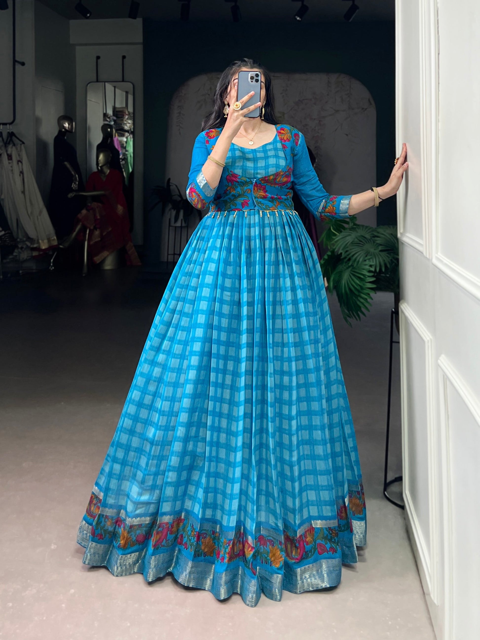 Lorenvalley Fashion Skyblue Viscose Chanderi Printed With Zari Weaving Work Gown with Koti - Swadesiicart