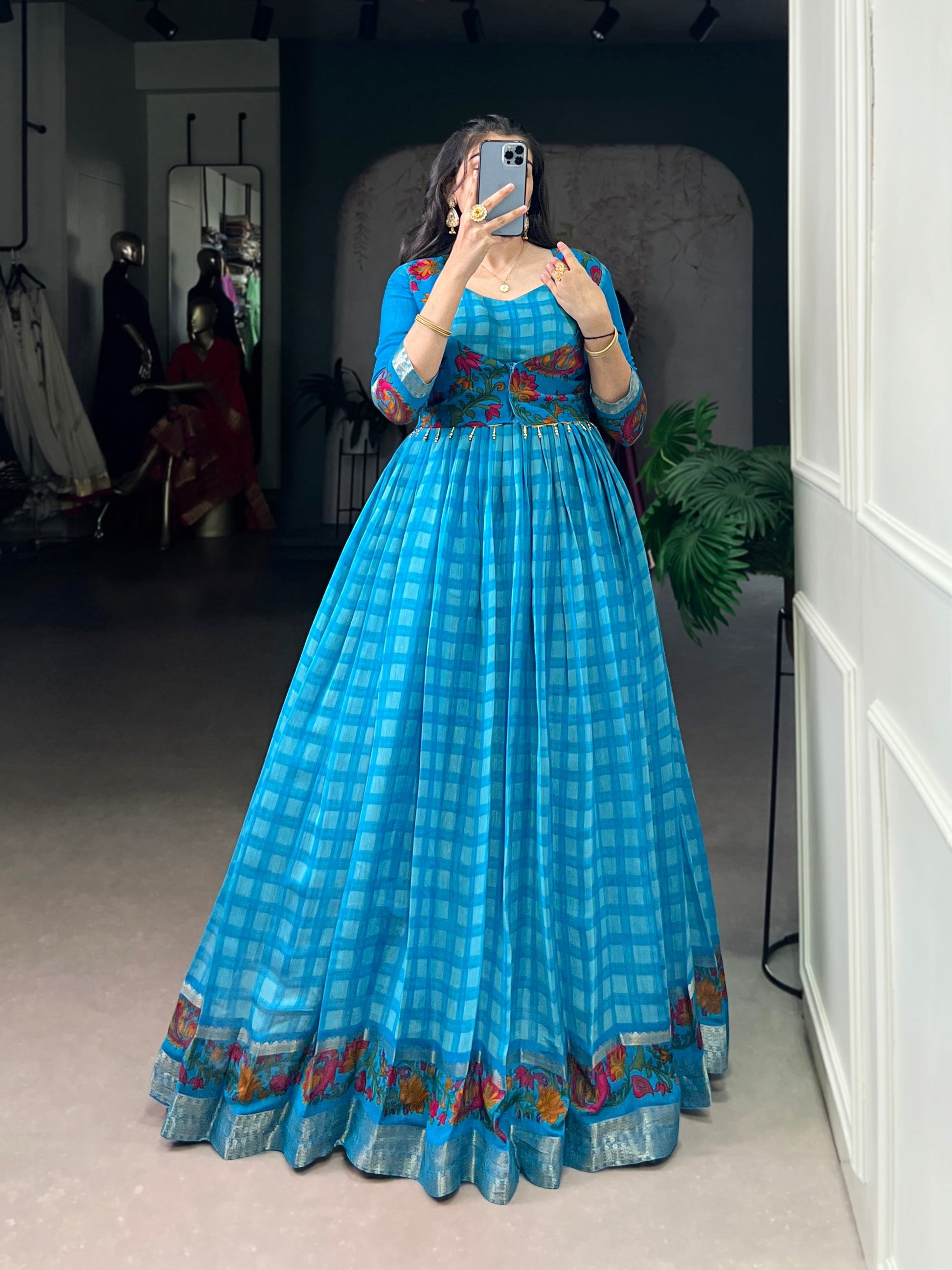 Lorenvalley Fashion Skyblue Viscose Chanderi Printed With Zari Weaving Work Gown with Koti - Swadesiicart