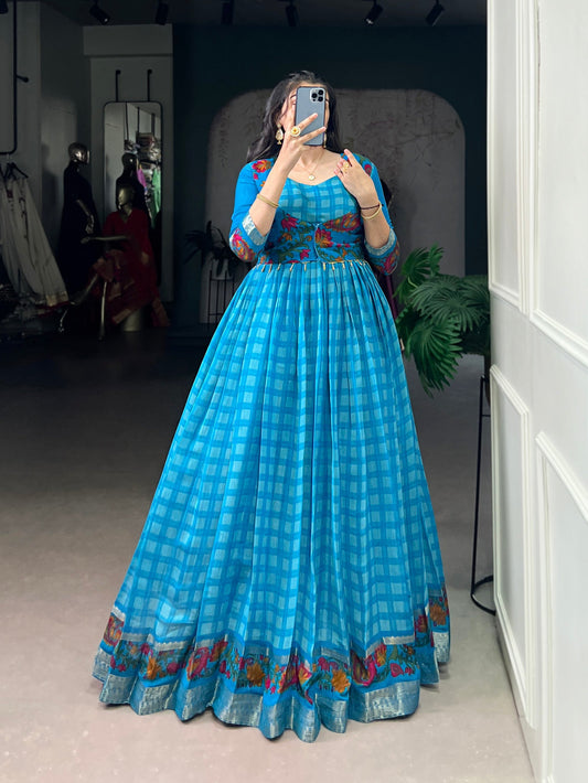 Lorenvalley Fashion Skyblue Viscose Chanderi Printed With Zari Weaving Work Gown with Koti - Swadesiicart