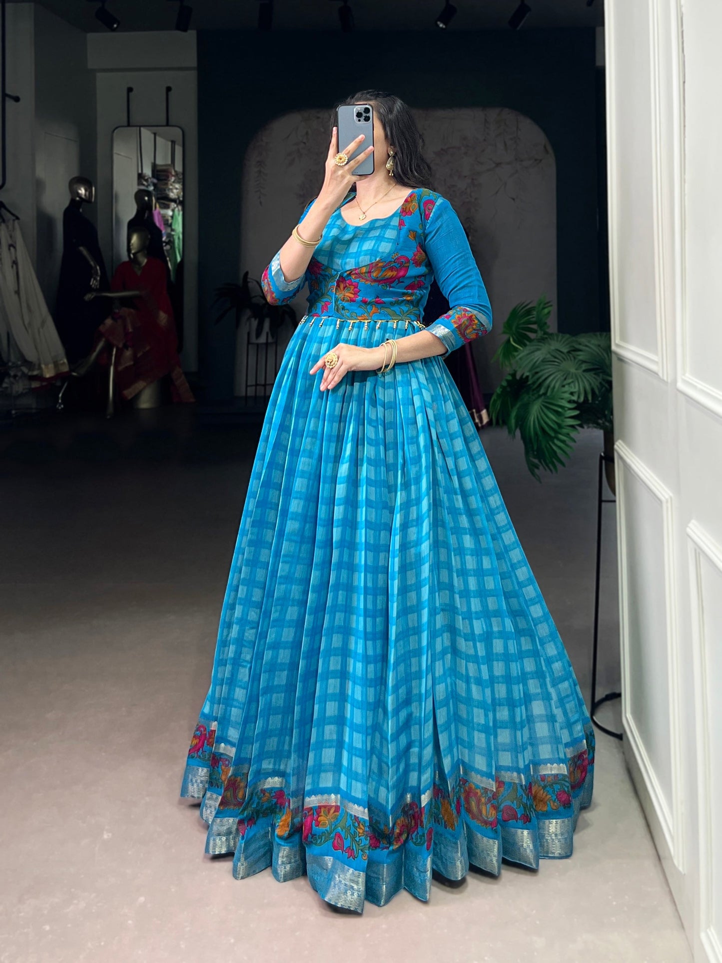 Lorenvalley Fashion Skyblue Viscose Chanderi Printed With Zari Weaving Work Gown with Koti - Swadesiicart