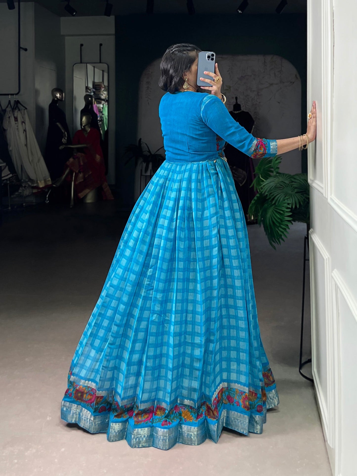 Lorenvalley Fashion Skyblue Viscose Chanderi Printed With Zari Weaving Work Gown with Koti - Swadesiicart
