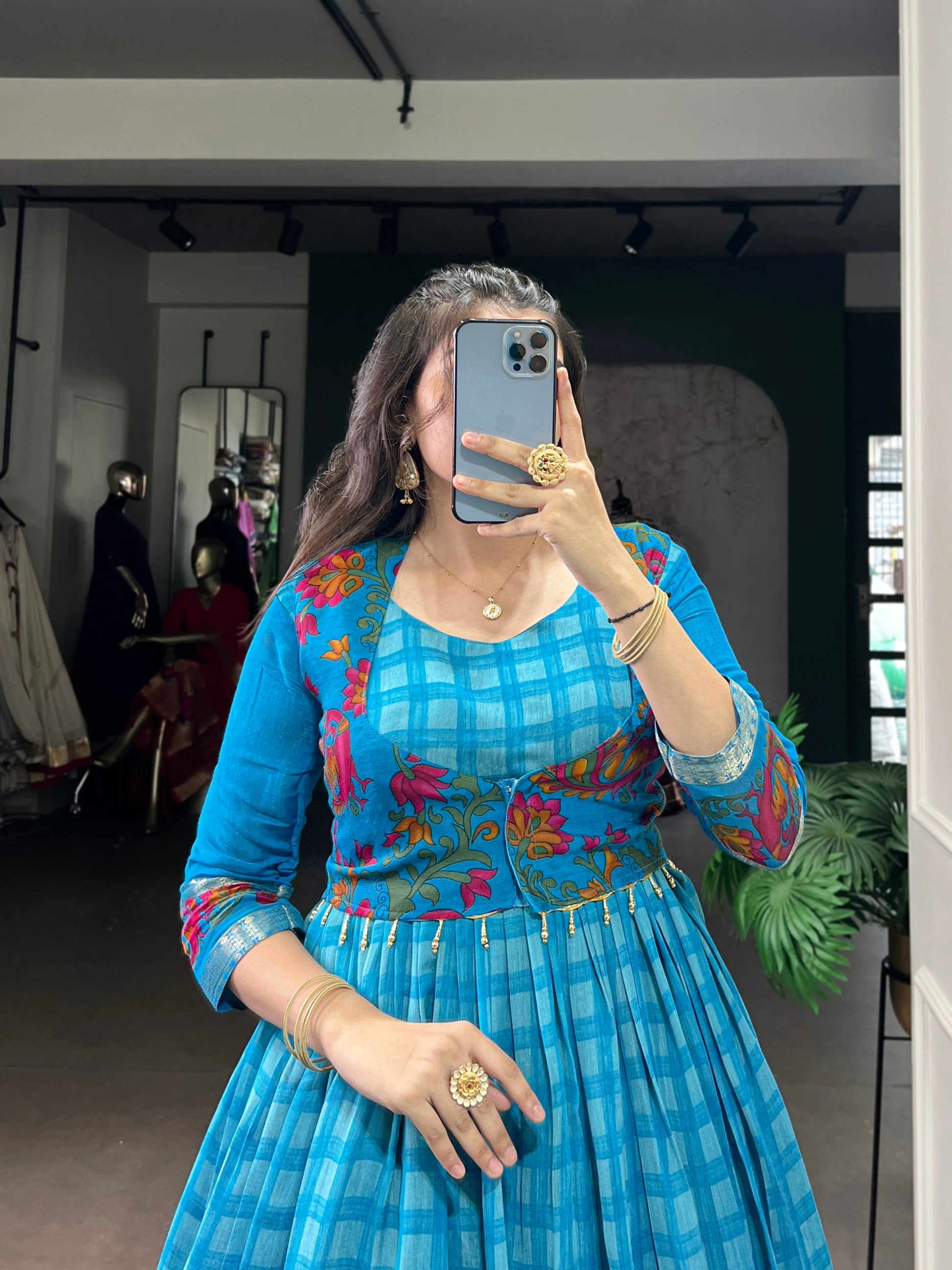 Lorenvalley Fashion Skyblue Viscose Chanderi Printed With Zari Weaving Work Gown with Koti - Swadesiicart