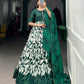 Lorenvalley Green Tussar Silk Floral Print With Foil Print Gown with Dupatta | Swadesiicart
