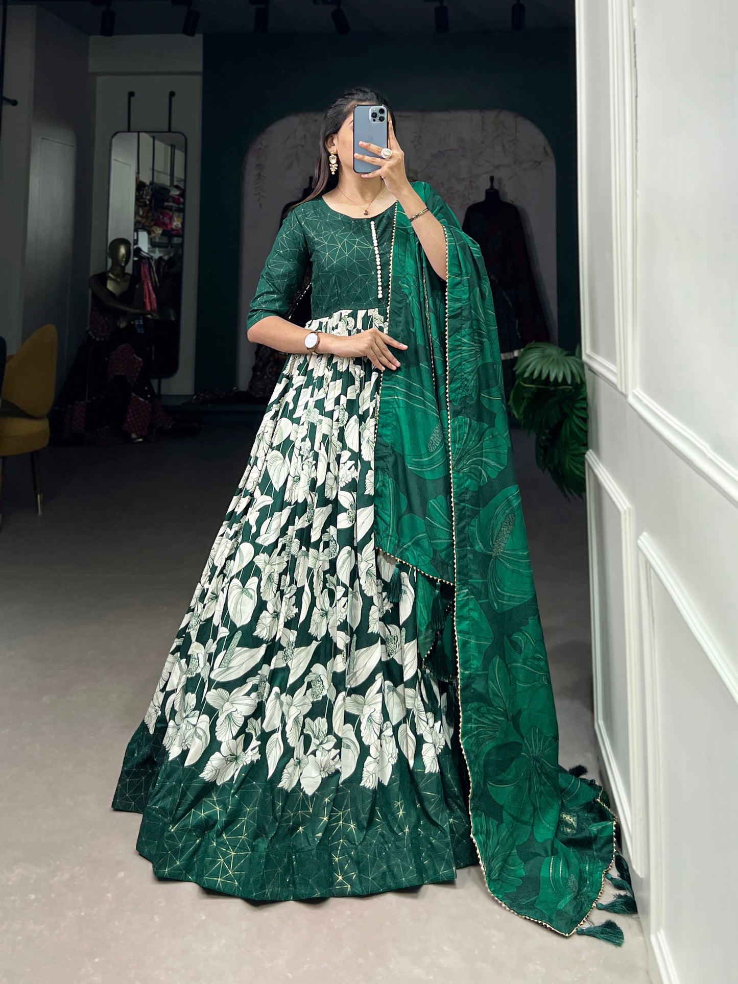 Lorenvalley Green Tussar Silk Floral Print With Foil Print Gown with Dupatta | Swadesiicart