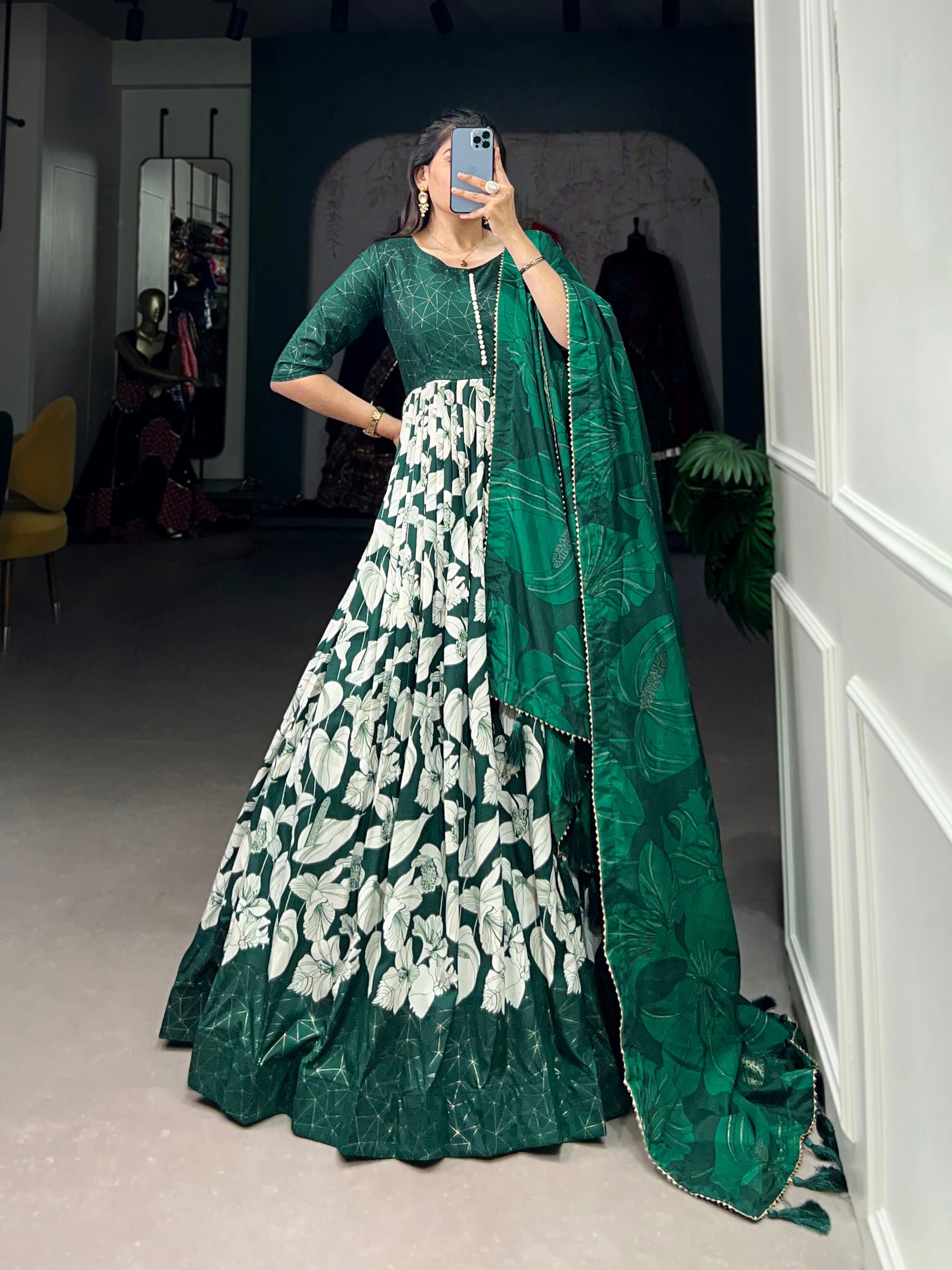 Lorenvalley Green Tussar Silk Floral Print With Foil Print Gown with Dupatta | Swadesiicart
