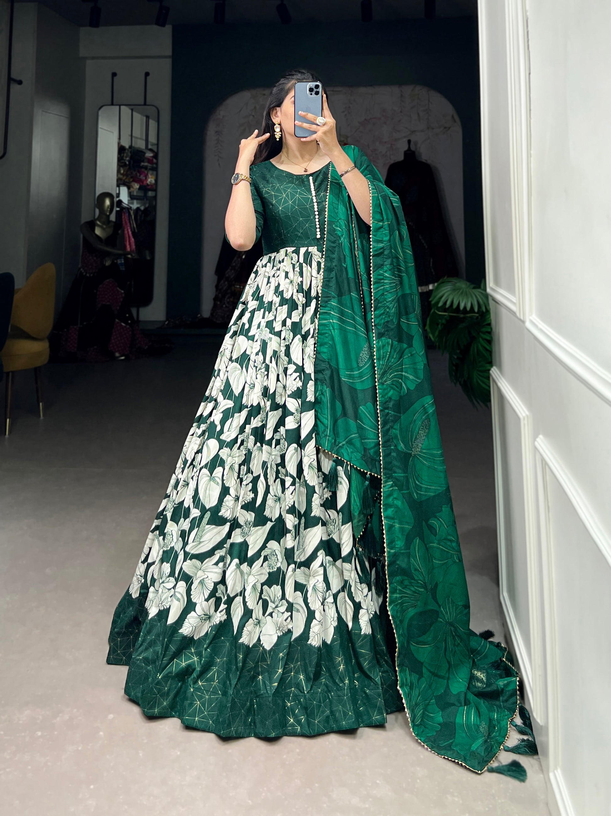 Lorenvalley Green Tussar Silk Floral Print With Foil Print Gown with Dupatta | Swadesiicart