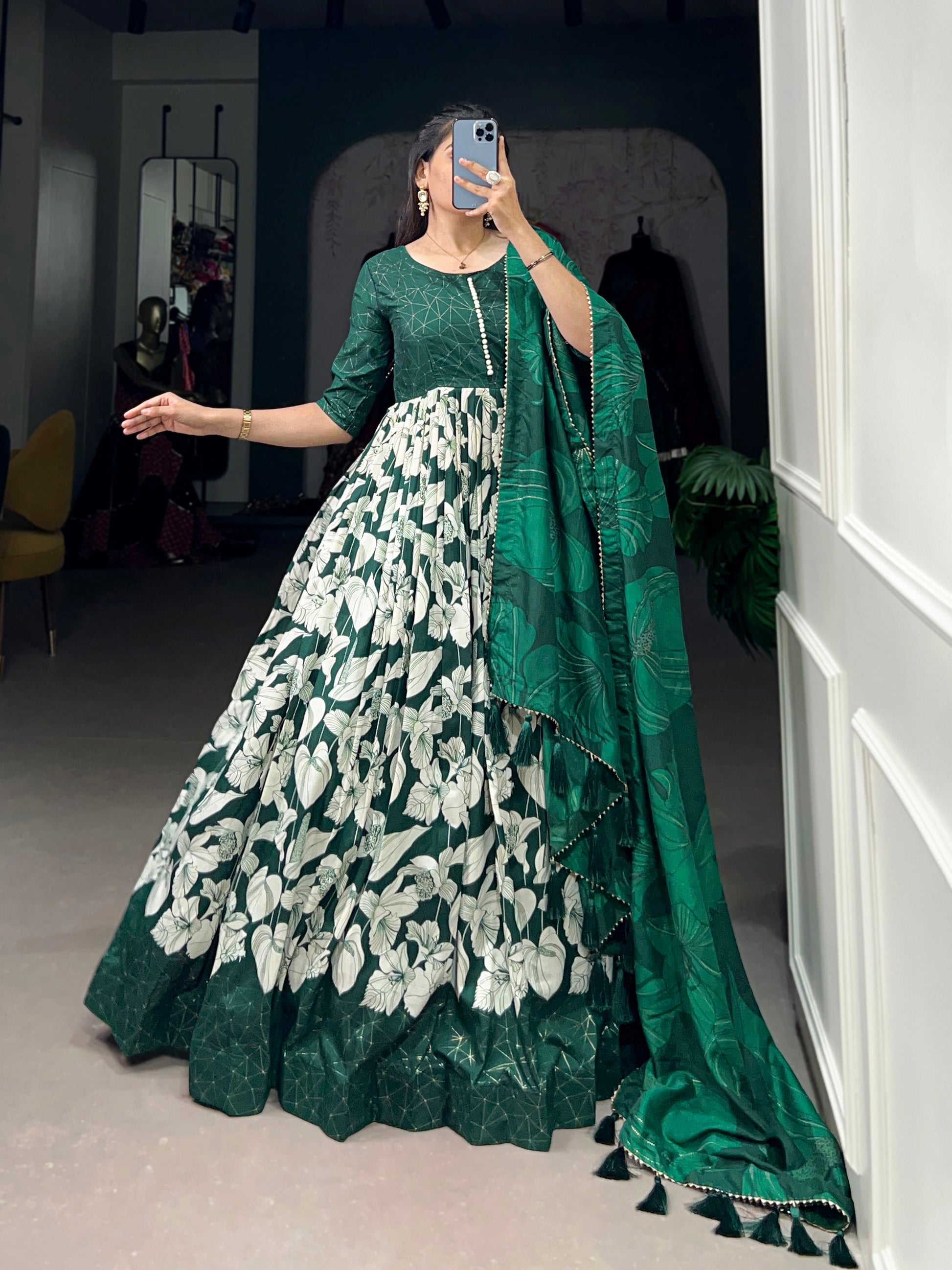Lorenvalley Green Tussar Silk Floral Print With Foil Print Gown with Dupatta | Swadesiicart