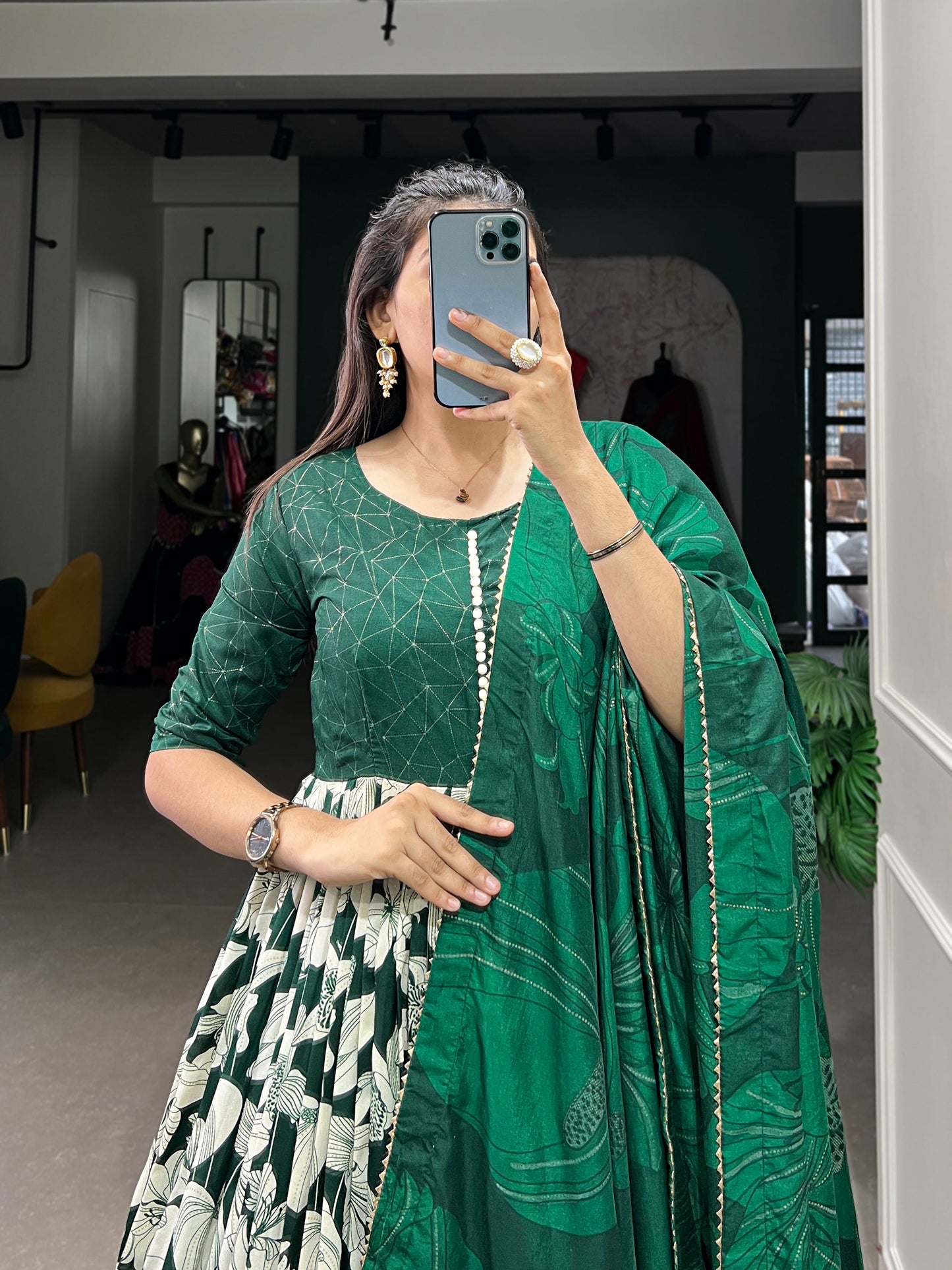 Lorenvalley Green Tussar Silk Floral Print With Foil Print Gown with Dupatta | Swadesiicart